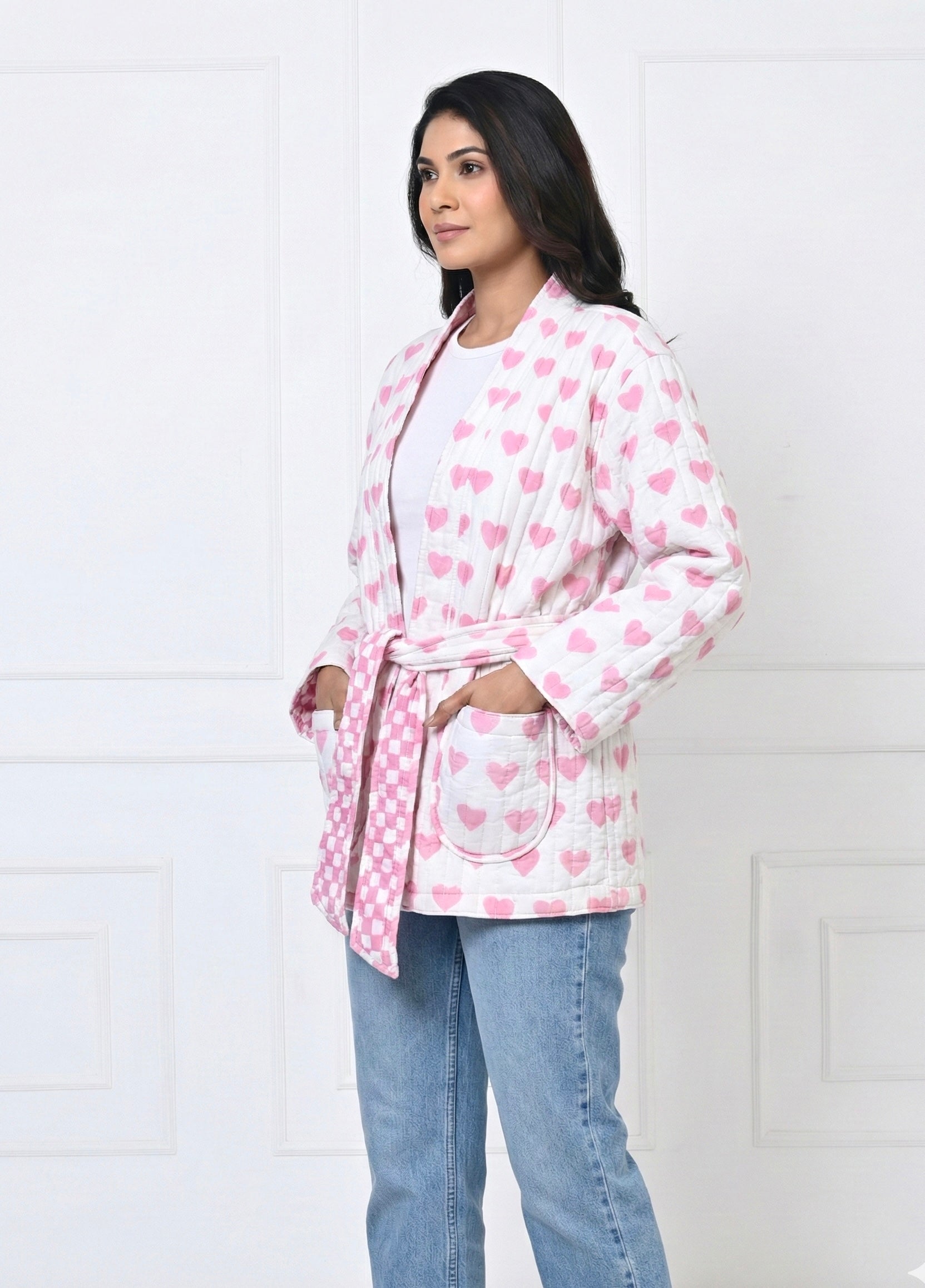 Pink Heart Quilted Cotton Jacket with Belt
