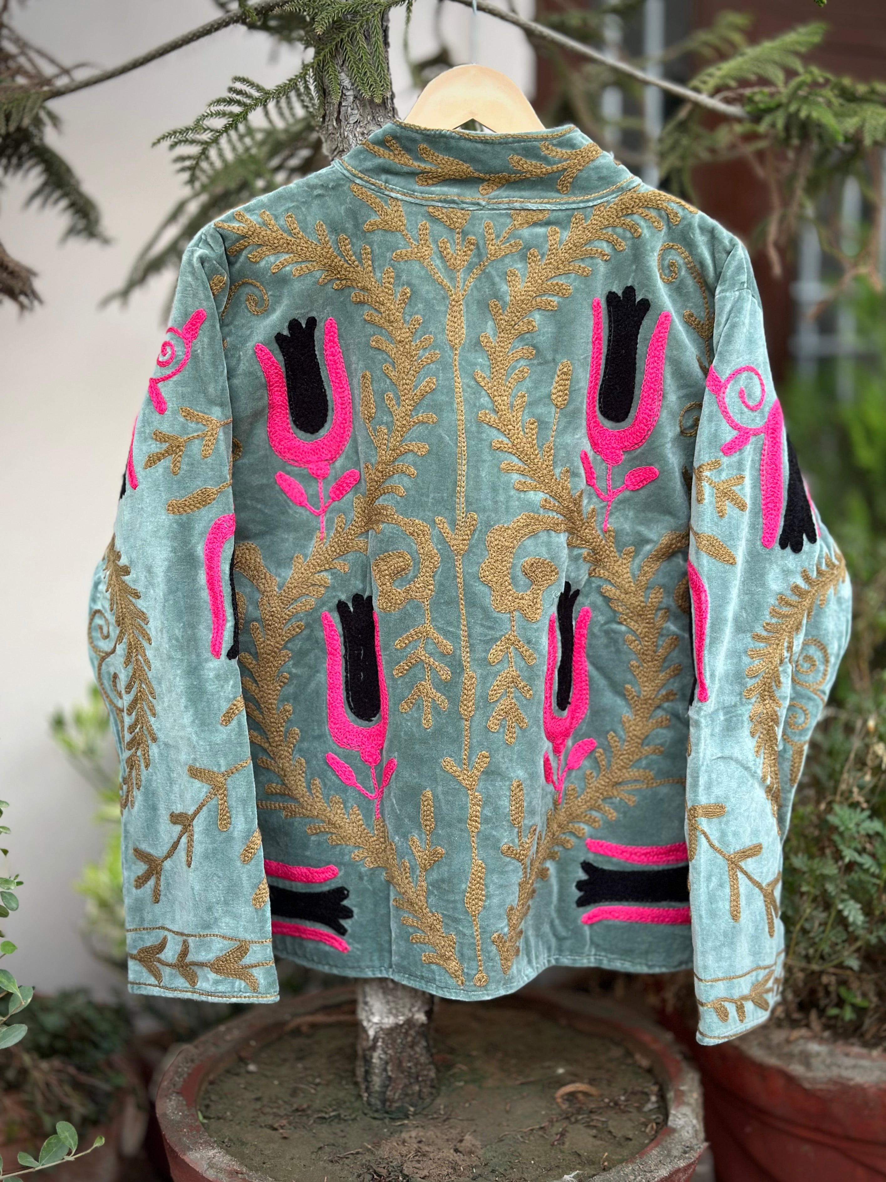 Green Velvet Jacket with Pink and Black Tulip Embroidery