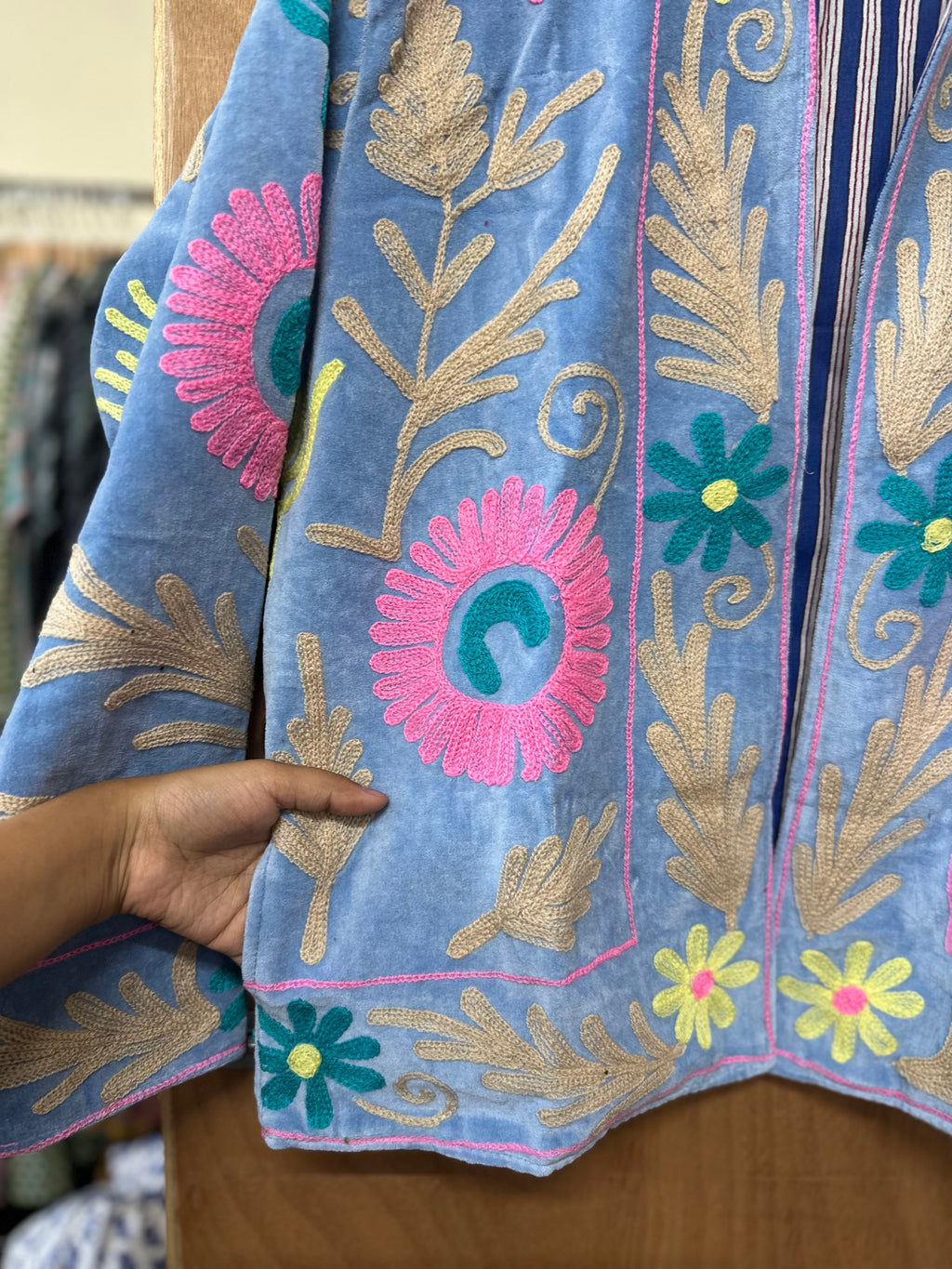 Powder Blue Embroidered Velvet Jacket