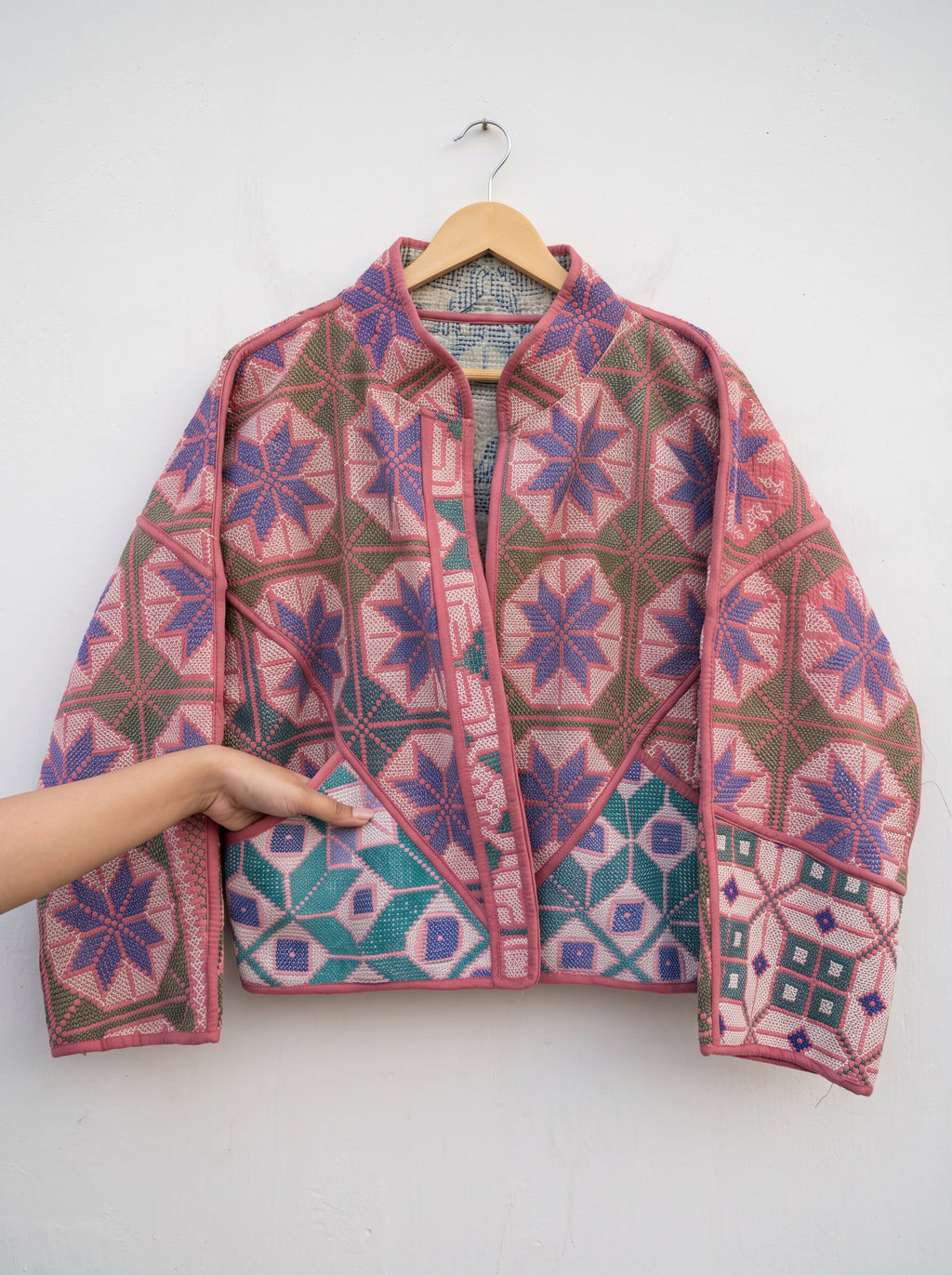 Blush Indigo Floral Kantha Bomber Jacket