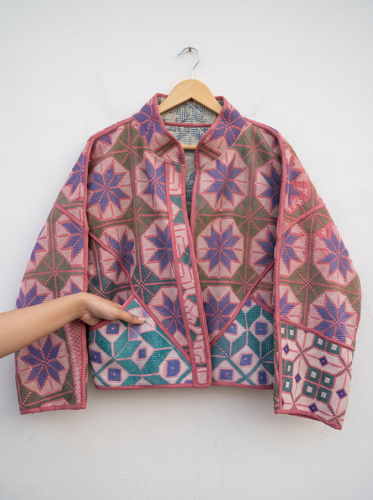 Blush Indigo Floral Kantha Bomber Jacket