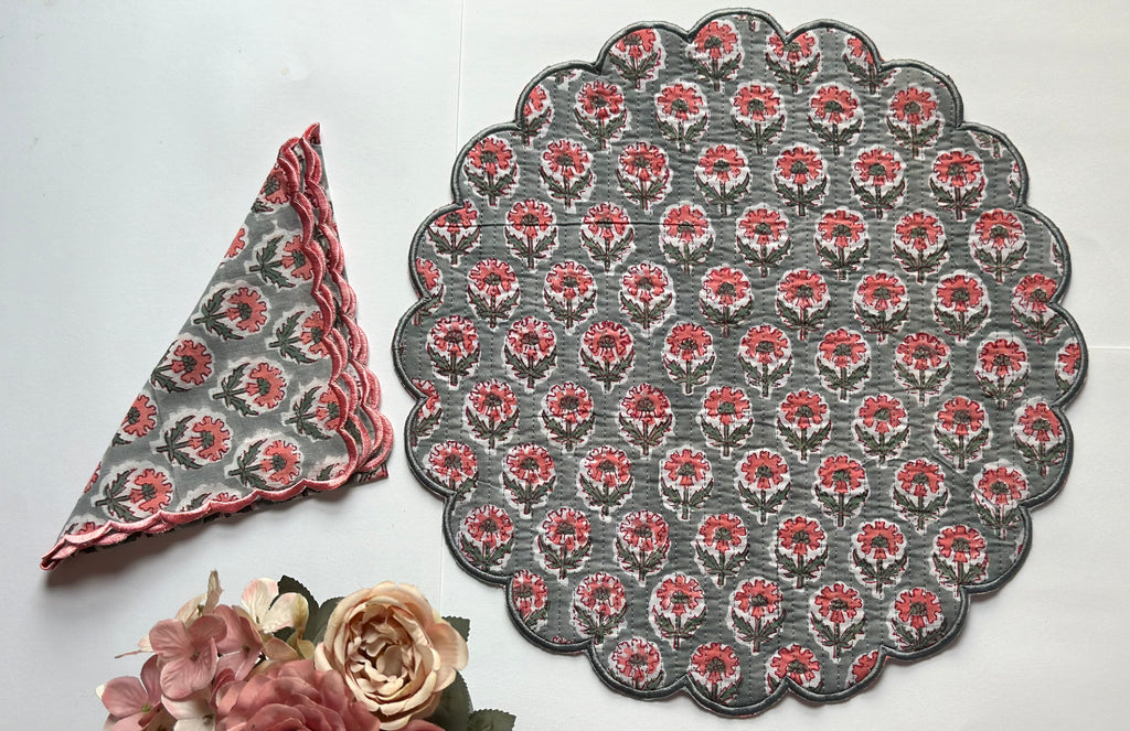 Vintage Grey Floral Quilted Placemats & Napkin Set of 6