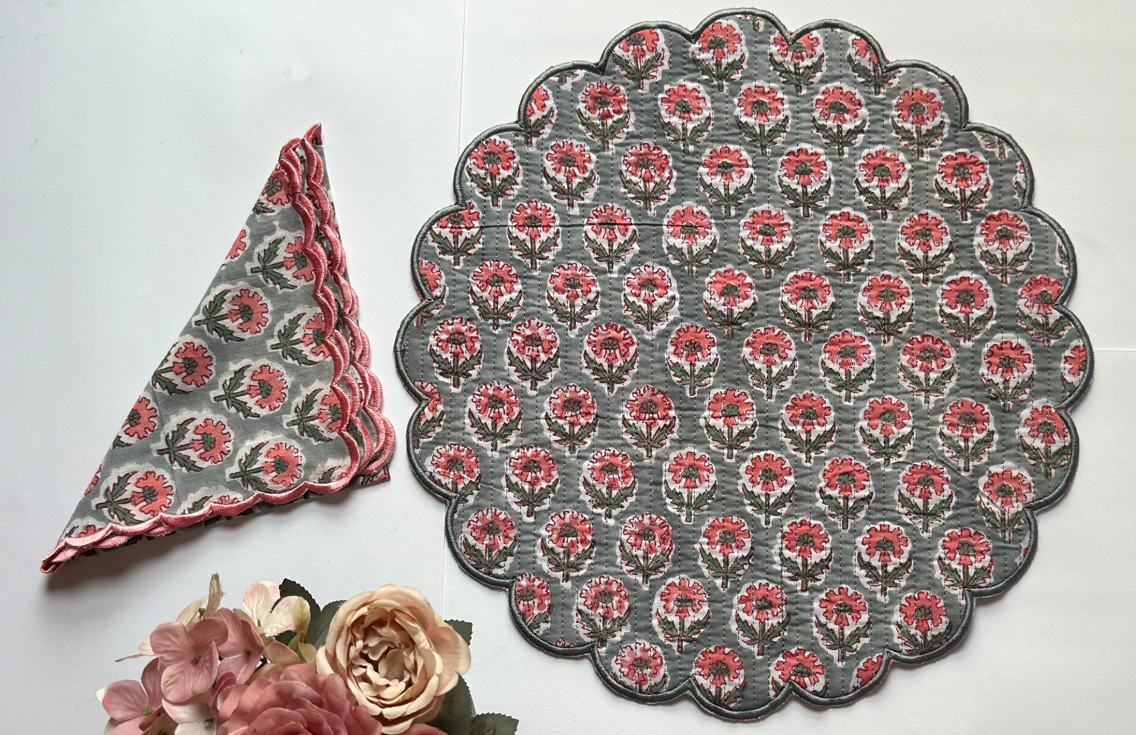 Vintage Grey Floral Quilted Placemats & Napkin Set of 6