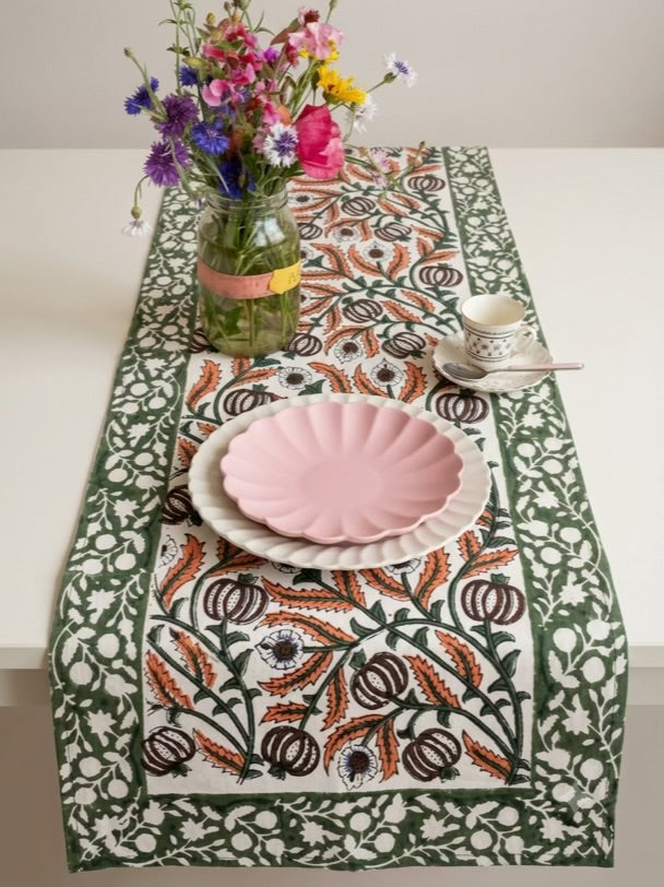 Green & Rust Botanical Hand Block Print Table Runner