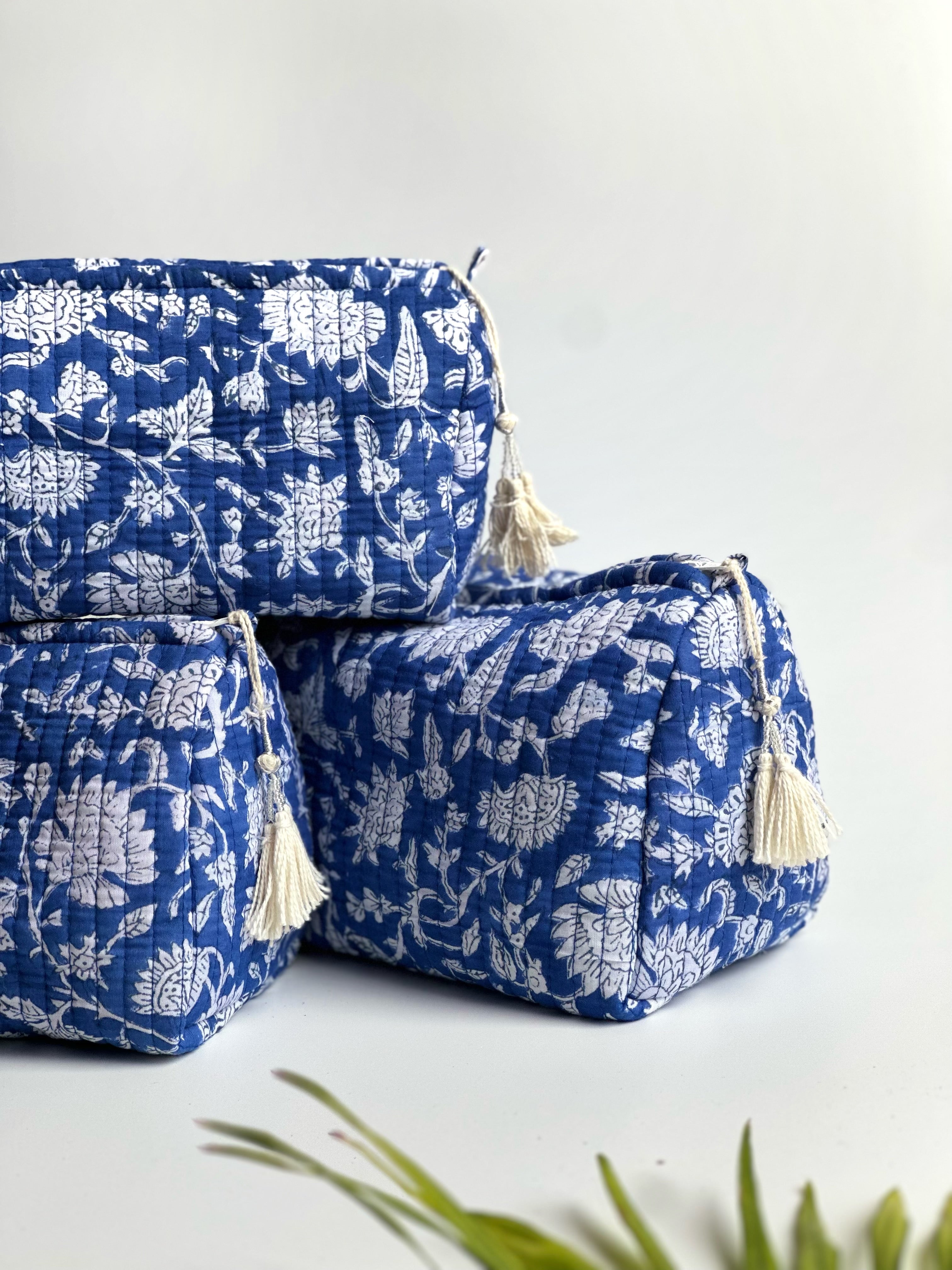 Indigo Bloom Quilted Cosmetic Bag Set of 3