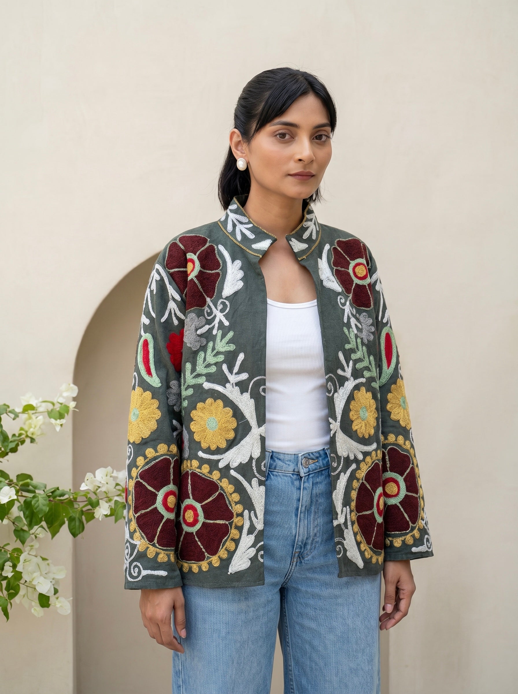 Olive Green Suzani Embroidered Jacket