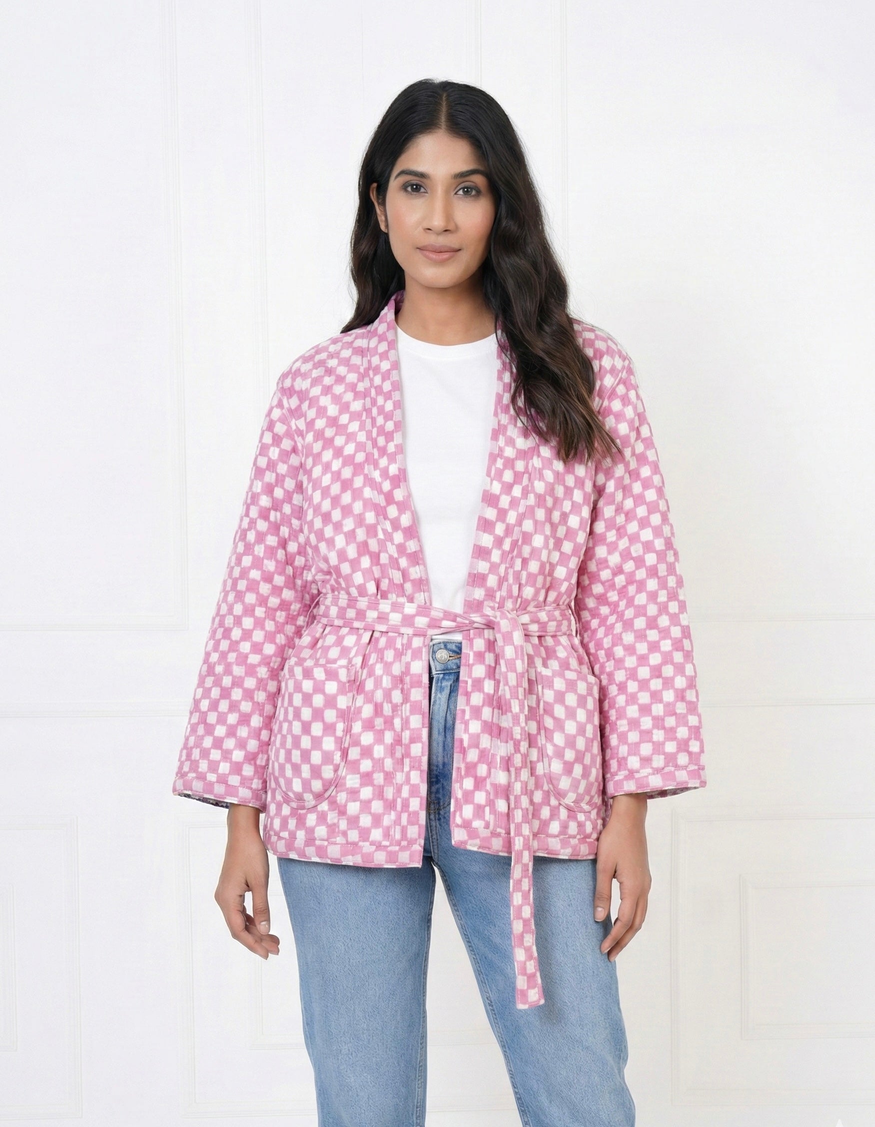 Pink Heart Quilted Cotton Jacket with Belt