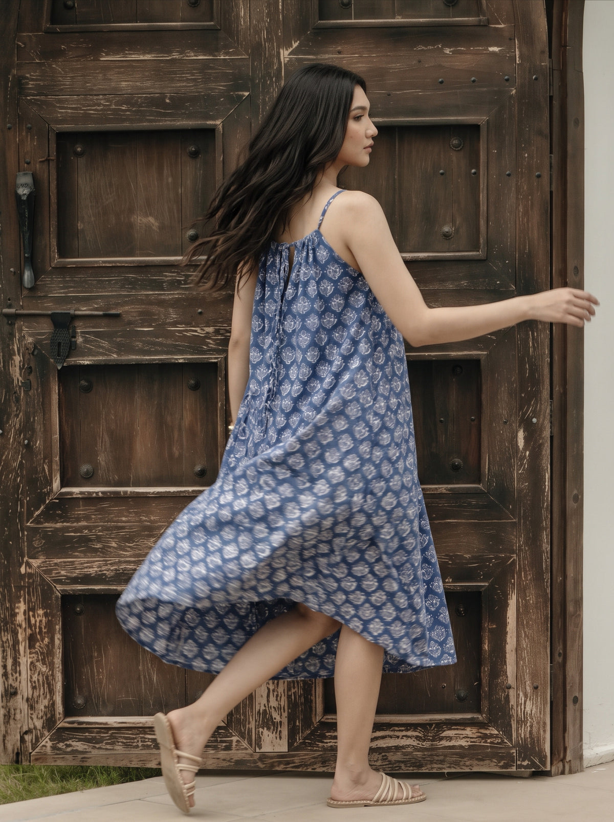 Indigo Floral Cotton Midi Halter Dress