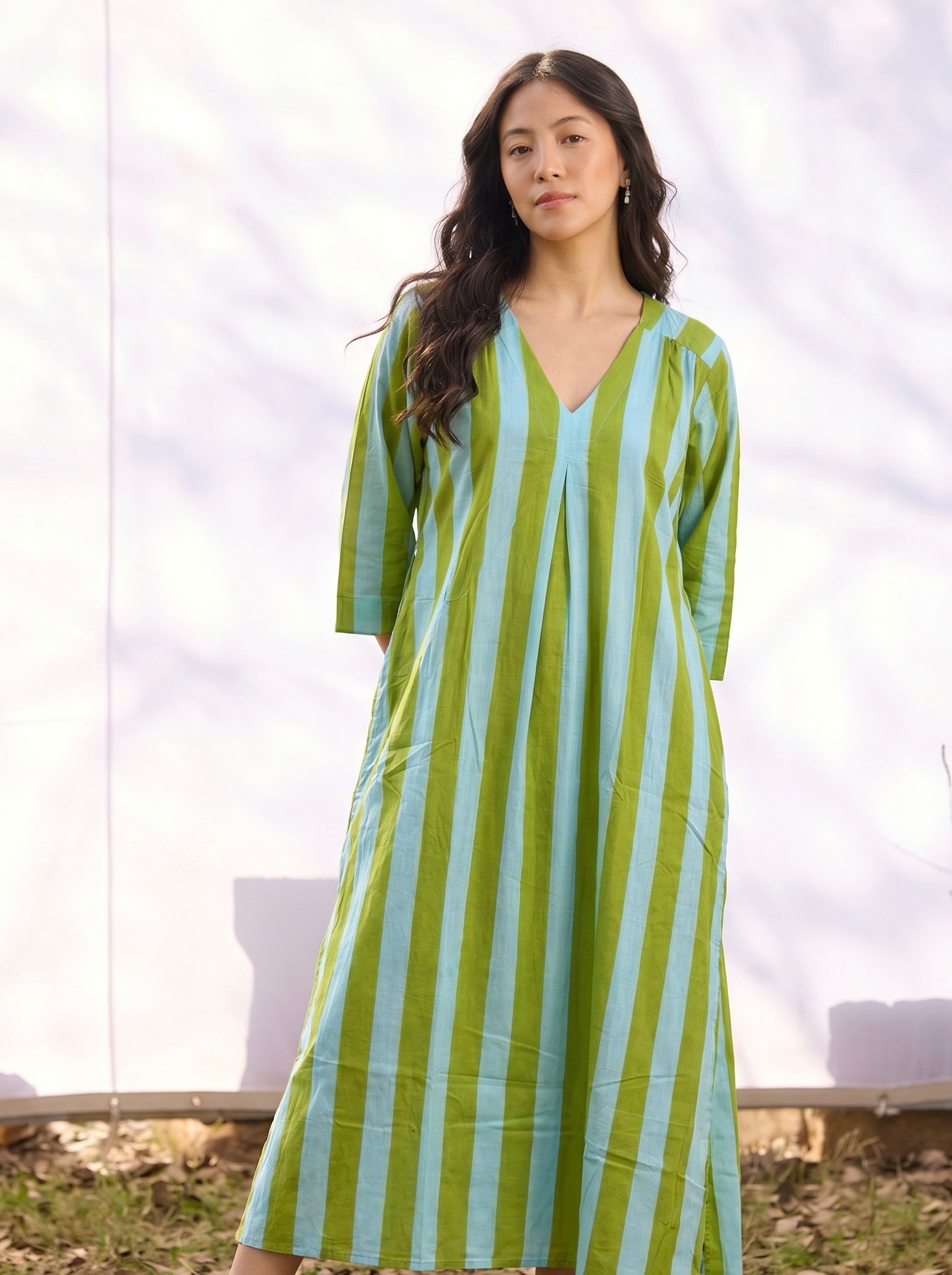 Olive Green & Sky Blue Stripe Cotton Dress