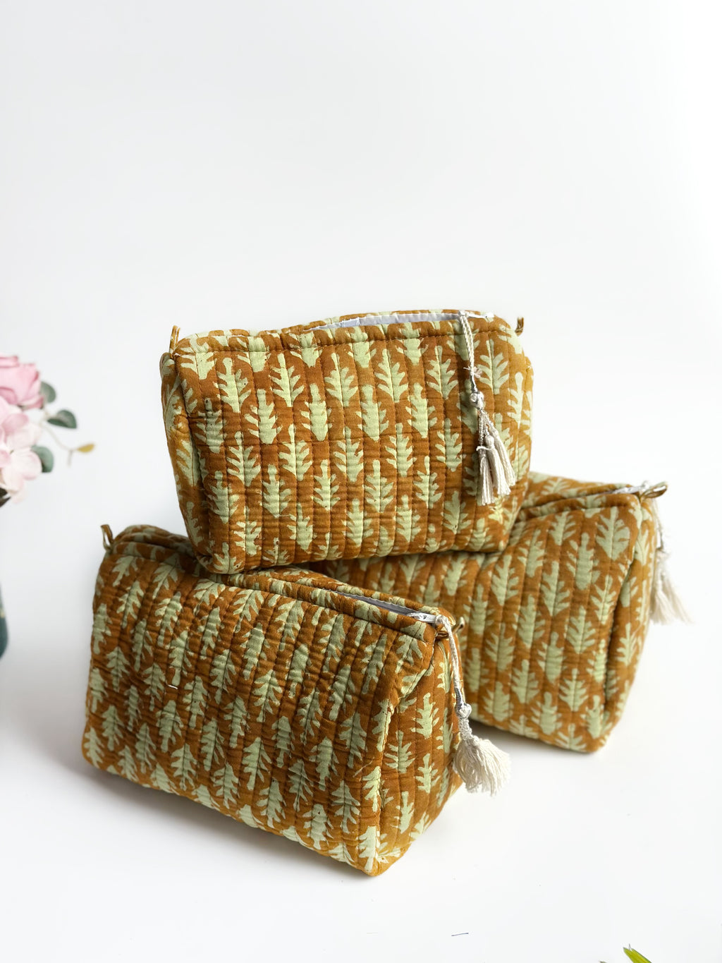 Golden Leaf Quilted Cosmetic Bag Set of 3