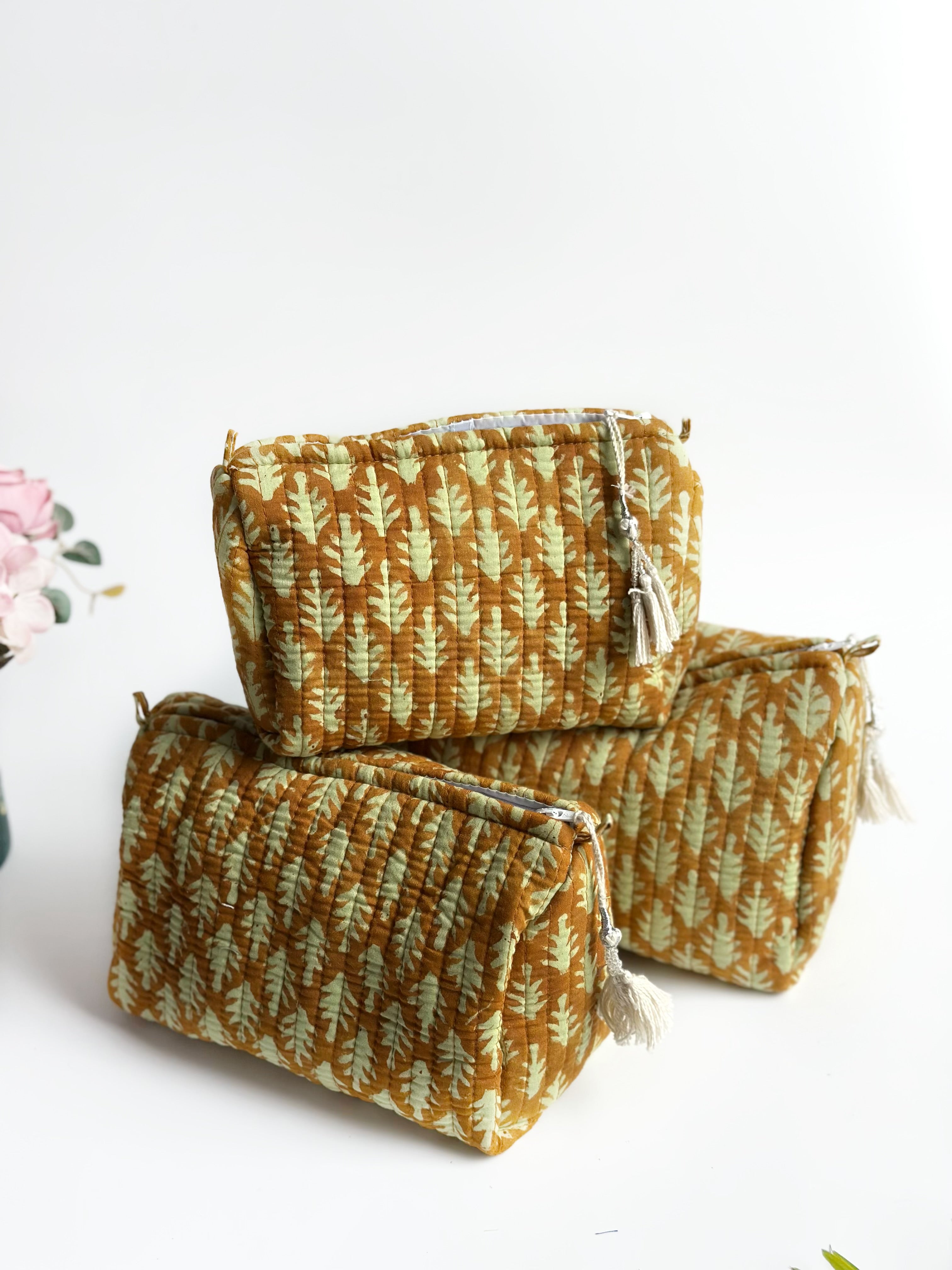 Golden Leaf Quilted Cosmetic Bag Set of 3