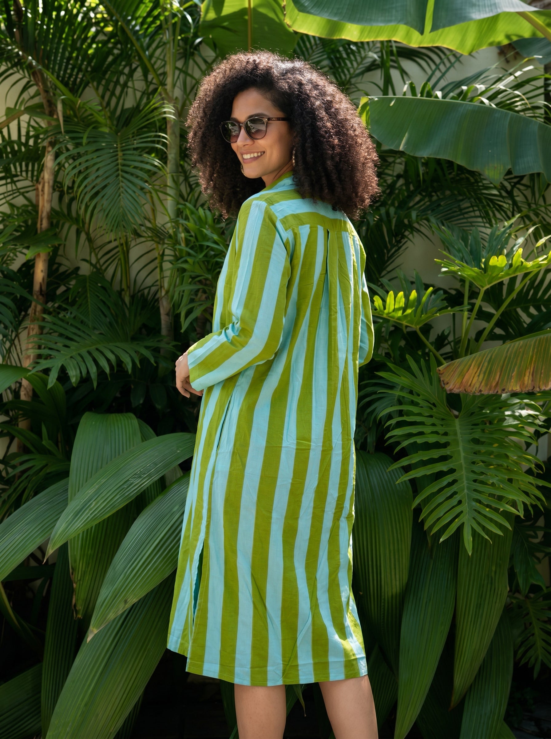 Lime Green & Sky Blue Striped Cotton Shirt Dress