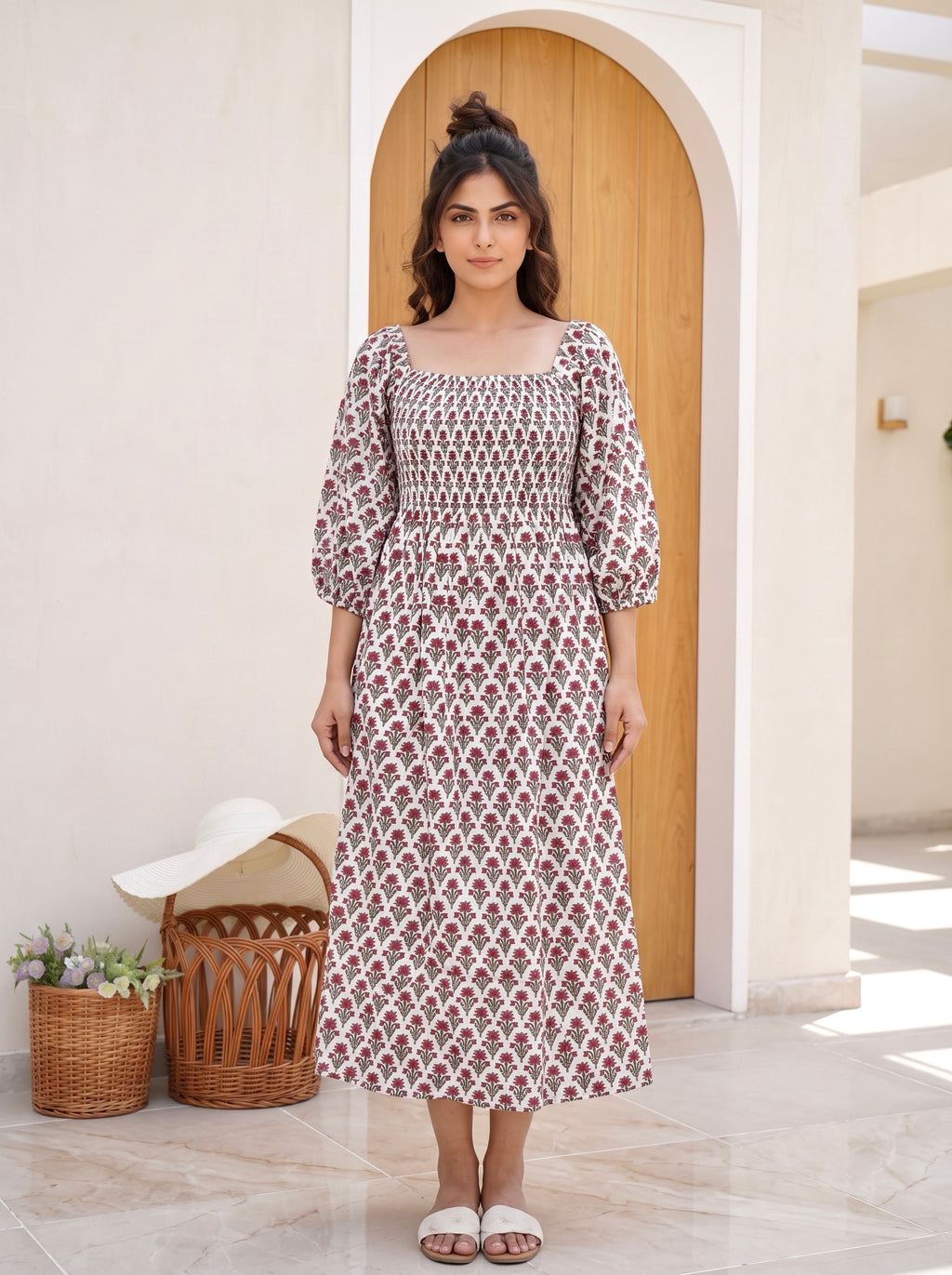 Maroon Meadow Smocked Midi Dress