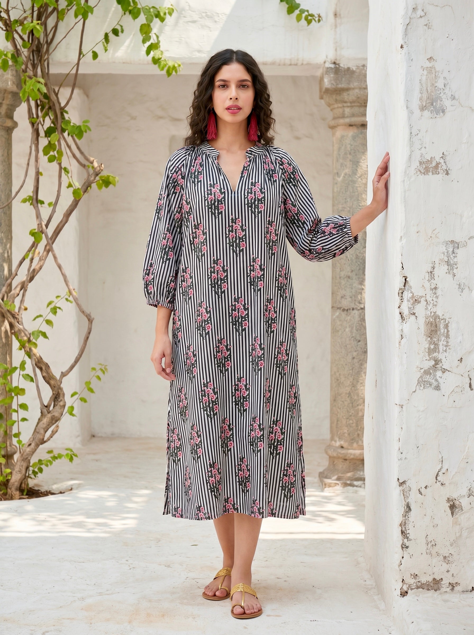 Midnight Blossom Stripe Cotton Dress