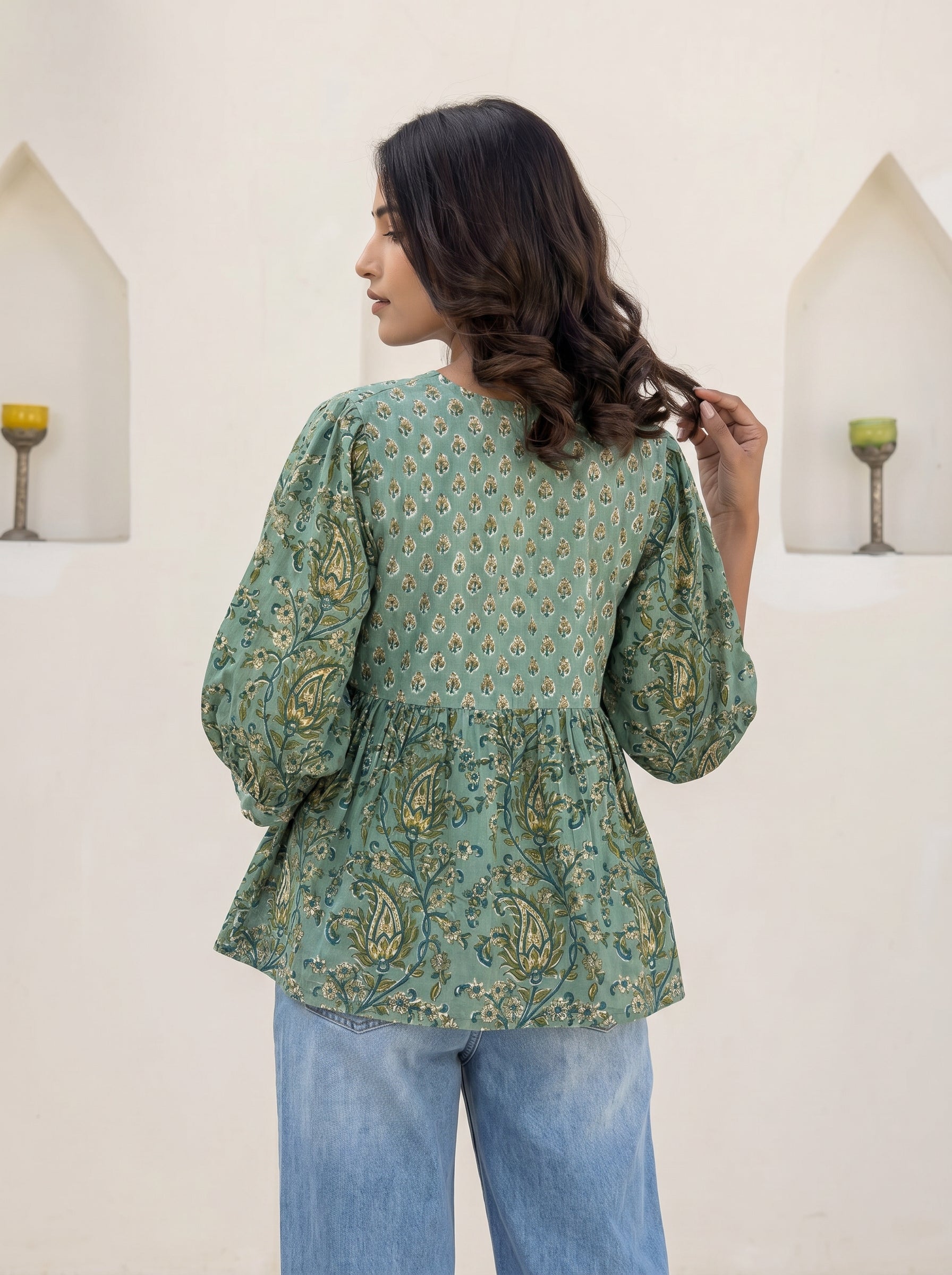 Teal Bohemian Floral Peplum Top
