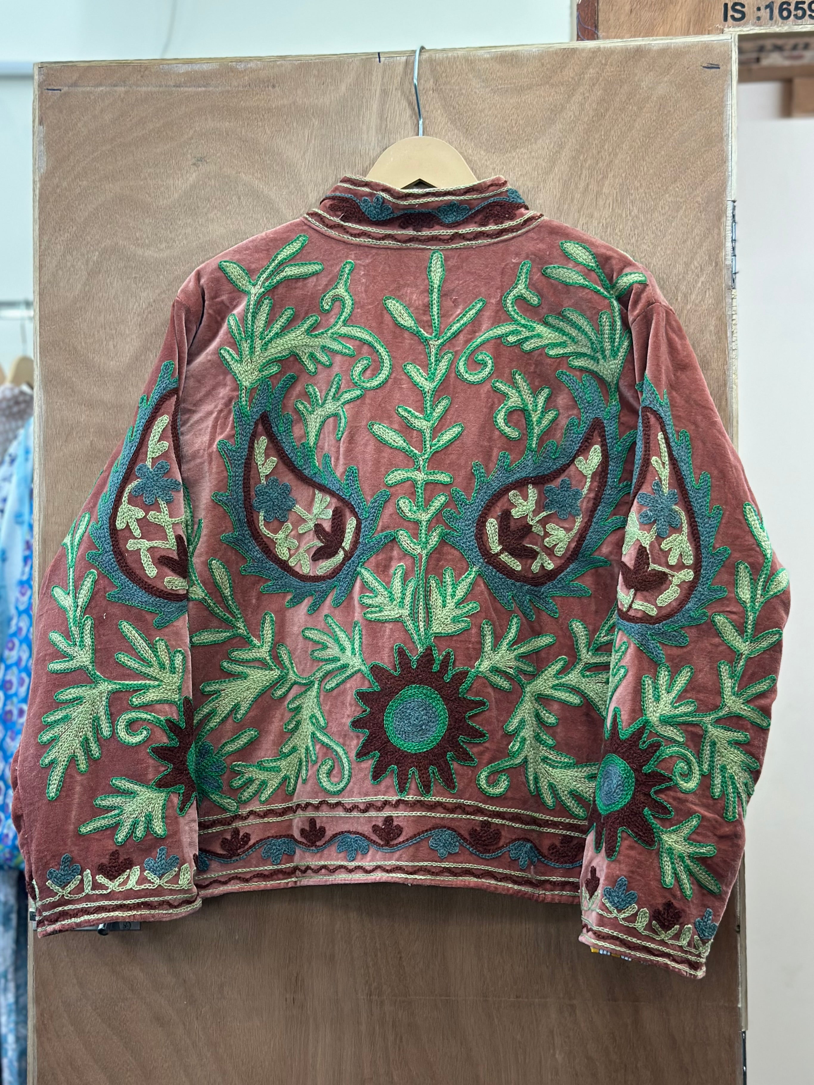 Dusty Rose & Green Embroidered Velvet Jacket