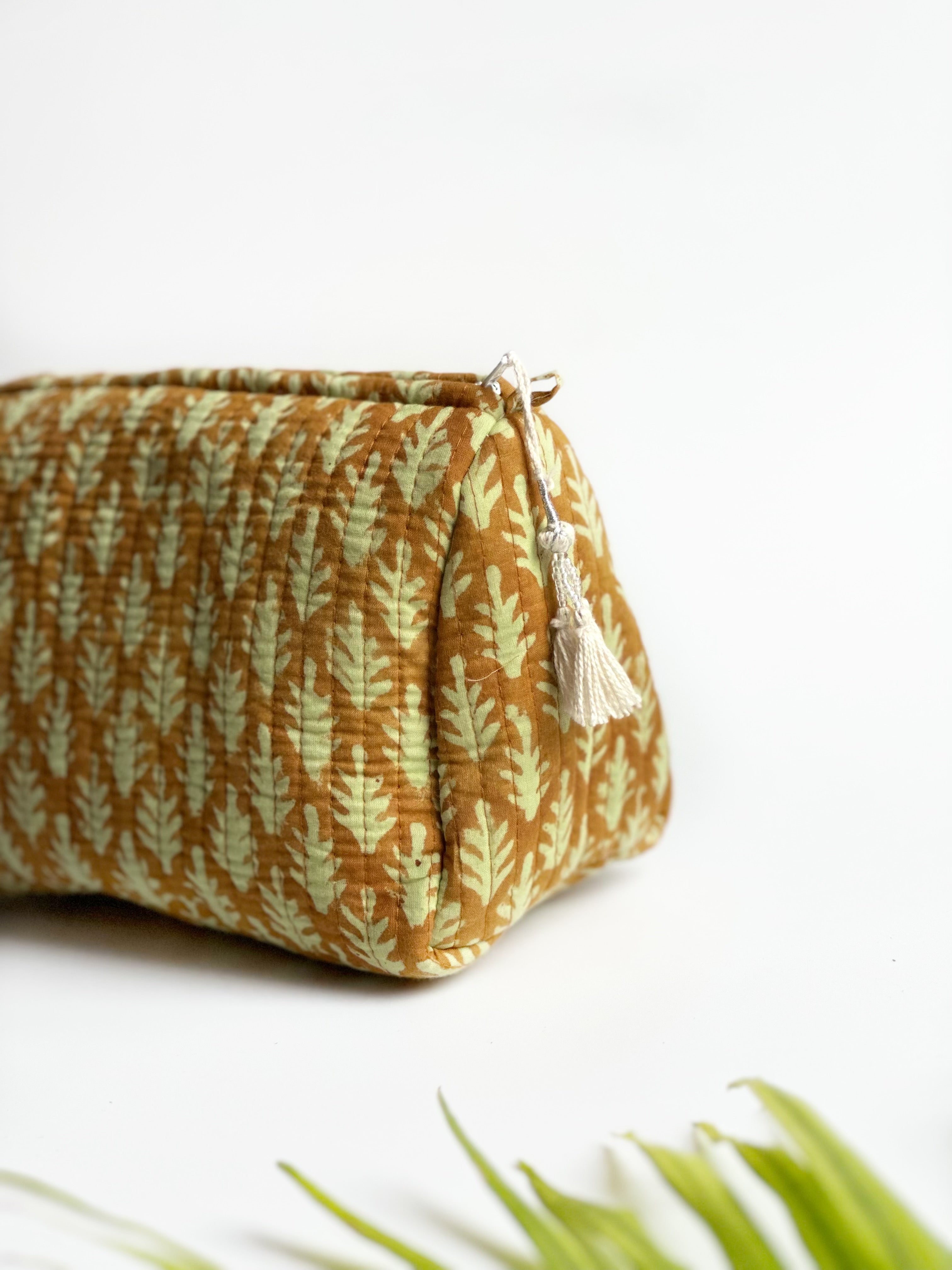 Golden Leaf Quilted Cosmetic Bag Set of 3