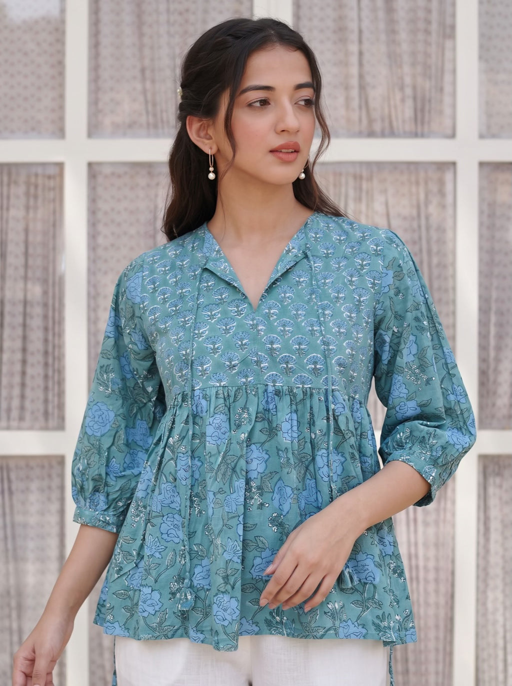 Sage Blue Floral Peplum Top