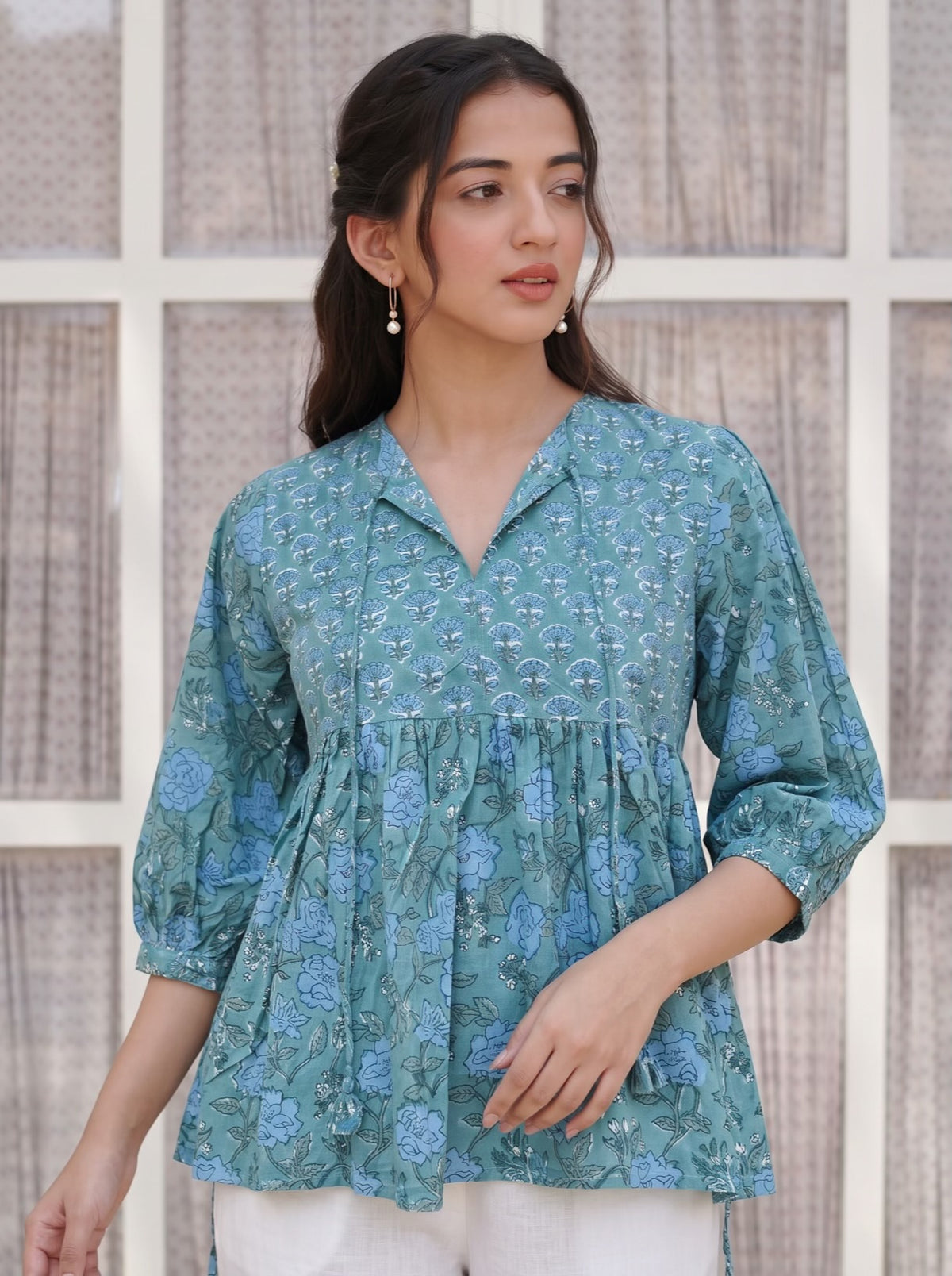 Sage Blue Floral Peplum Top