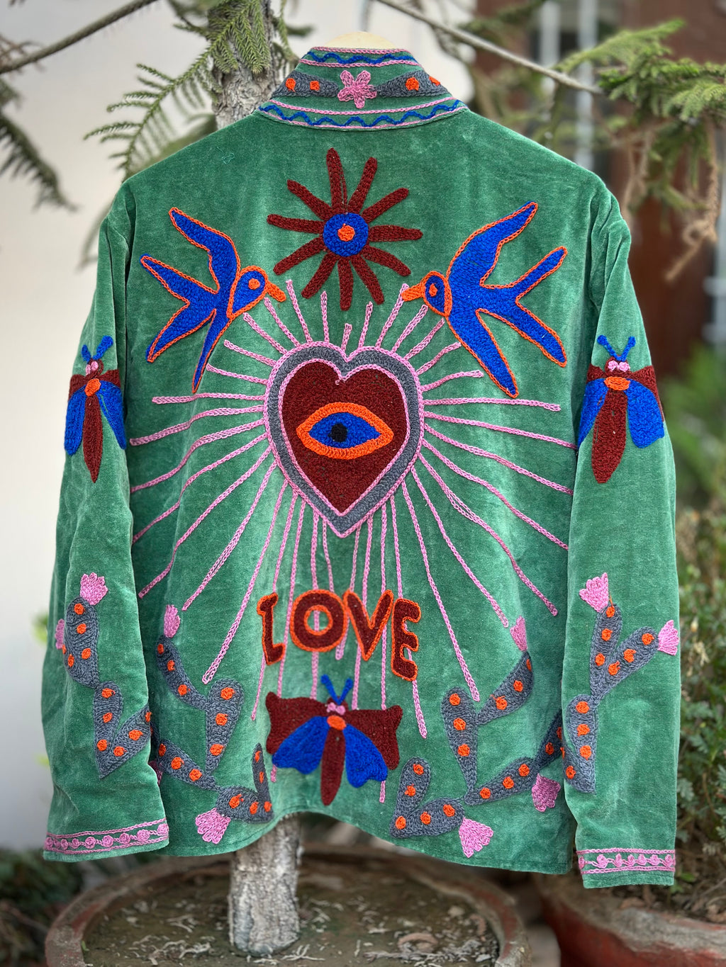 Green Bird Velvet Embroidered Jacket