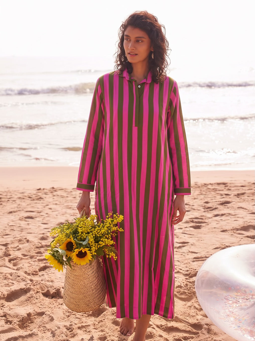 Pink Olive Stripe Shirt Dress