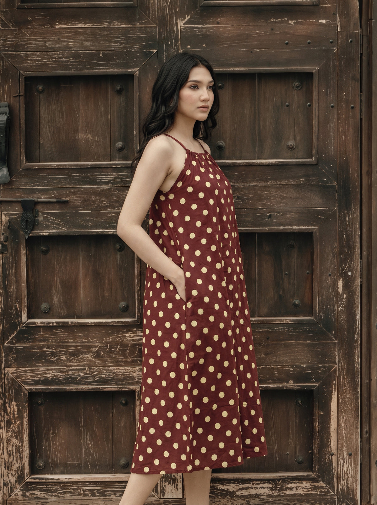 Maroon Polka Dot Cotton Midi Dress