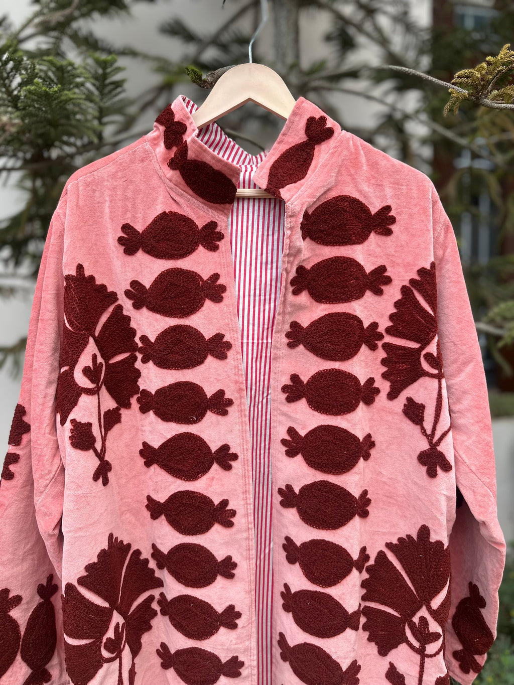 Pink Velvet Embroidered Long Jacket for Women