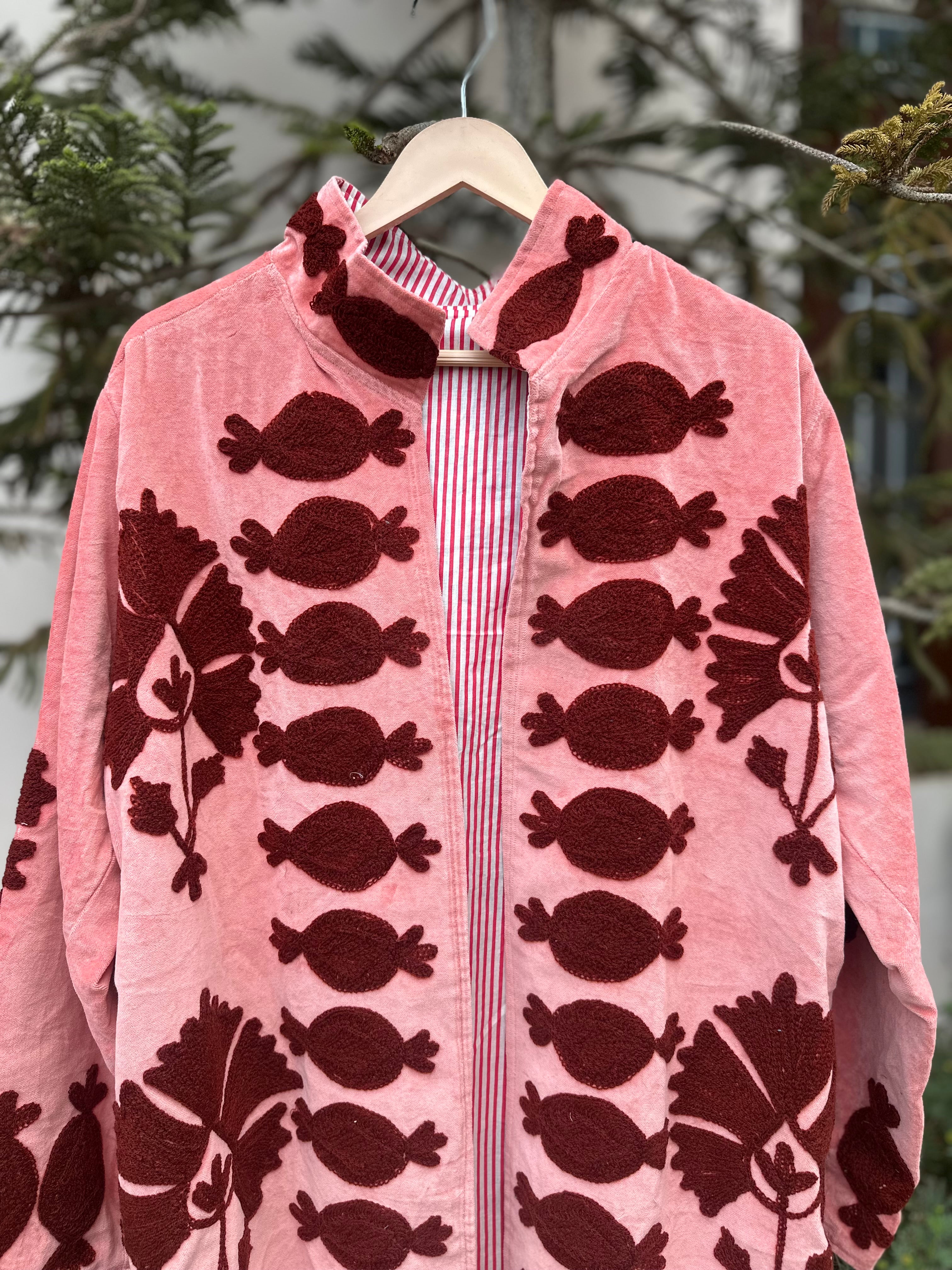 Pink Velvet Embroidered Long Jacket for Women