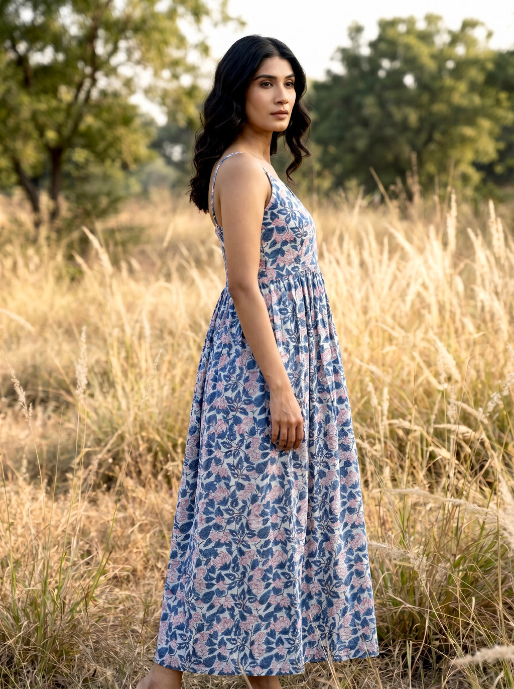 Blue Meadow Floral Cotton Maxi Dress