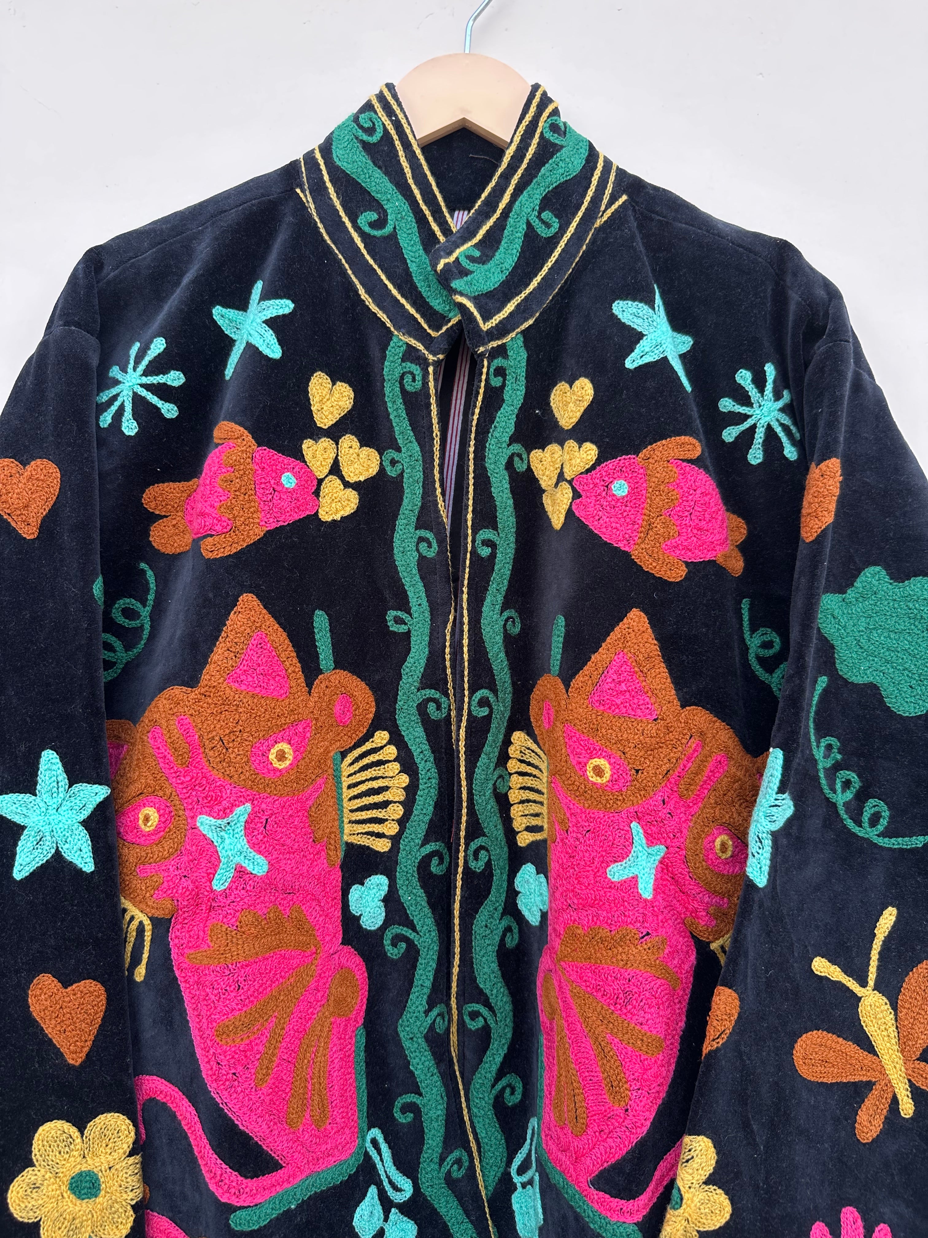Meow Black Velvet Embroidered Jacket