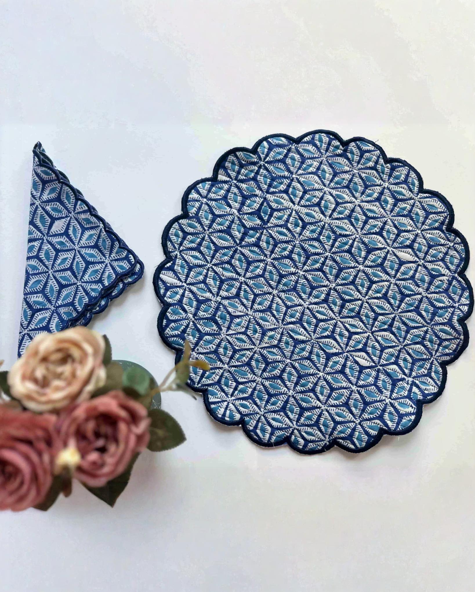 Indigo Bloom Quilted Placemats & Napkin Set of 6
