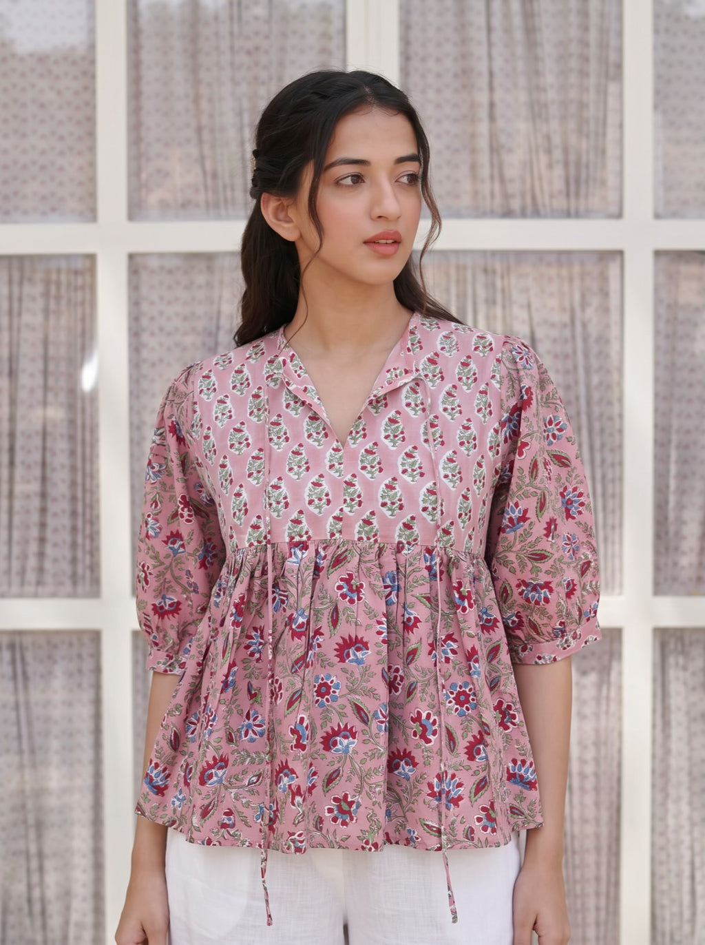 Pink Garden Handblock Peplum Top