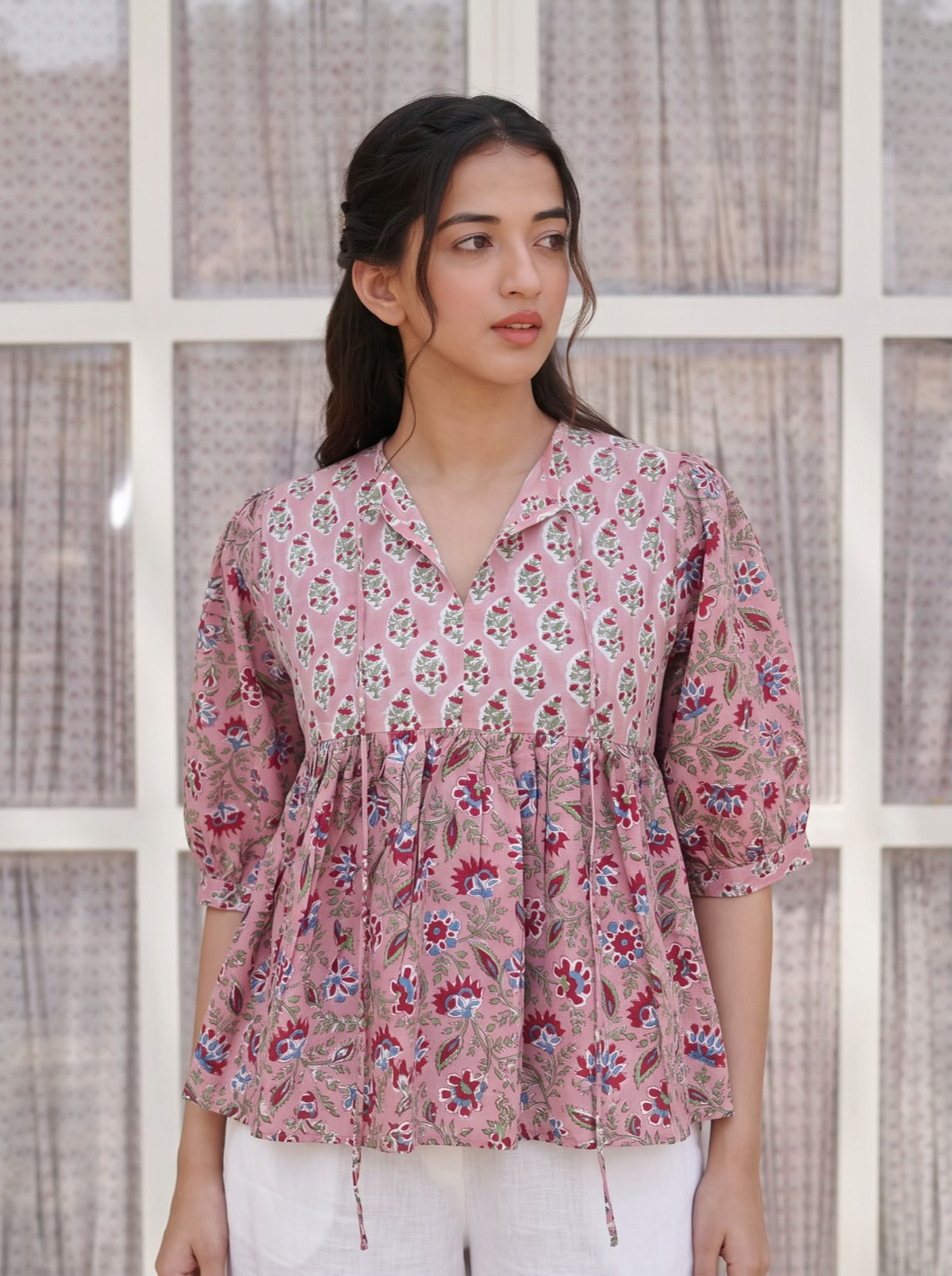 Pink Garden Handblock Peplum Top