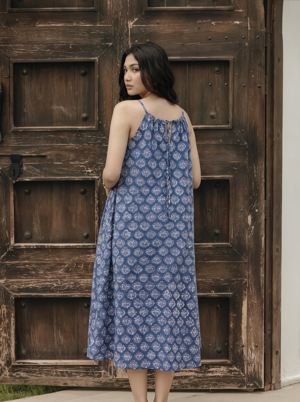 Indigo Floral Cotton Midi Halter Dress
