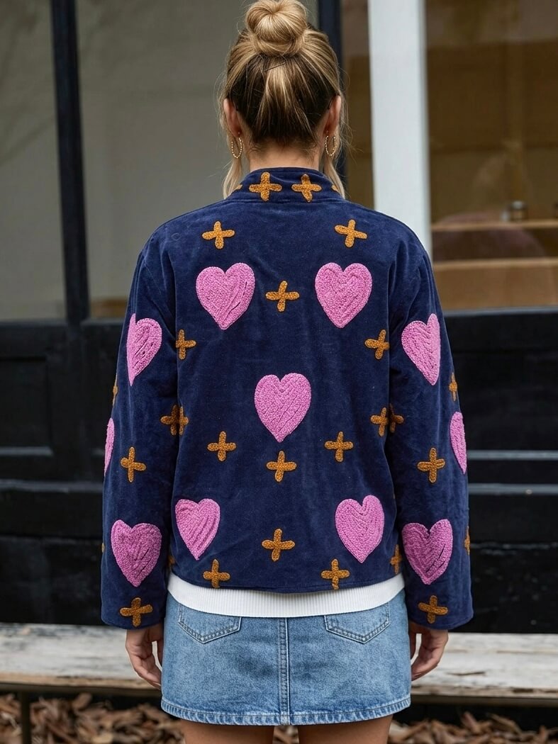 Blue Pink Heart Embroidered Statement Jacket