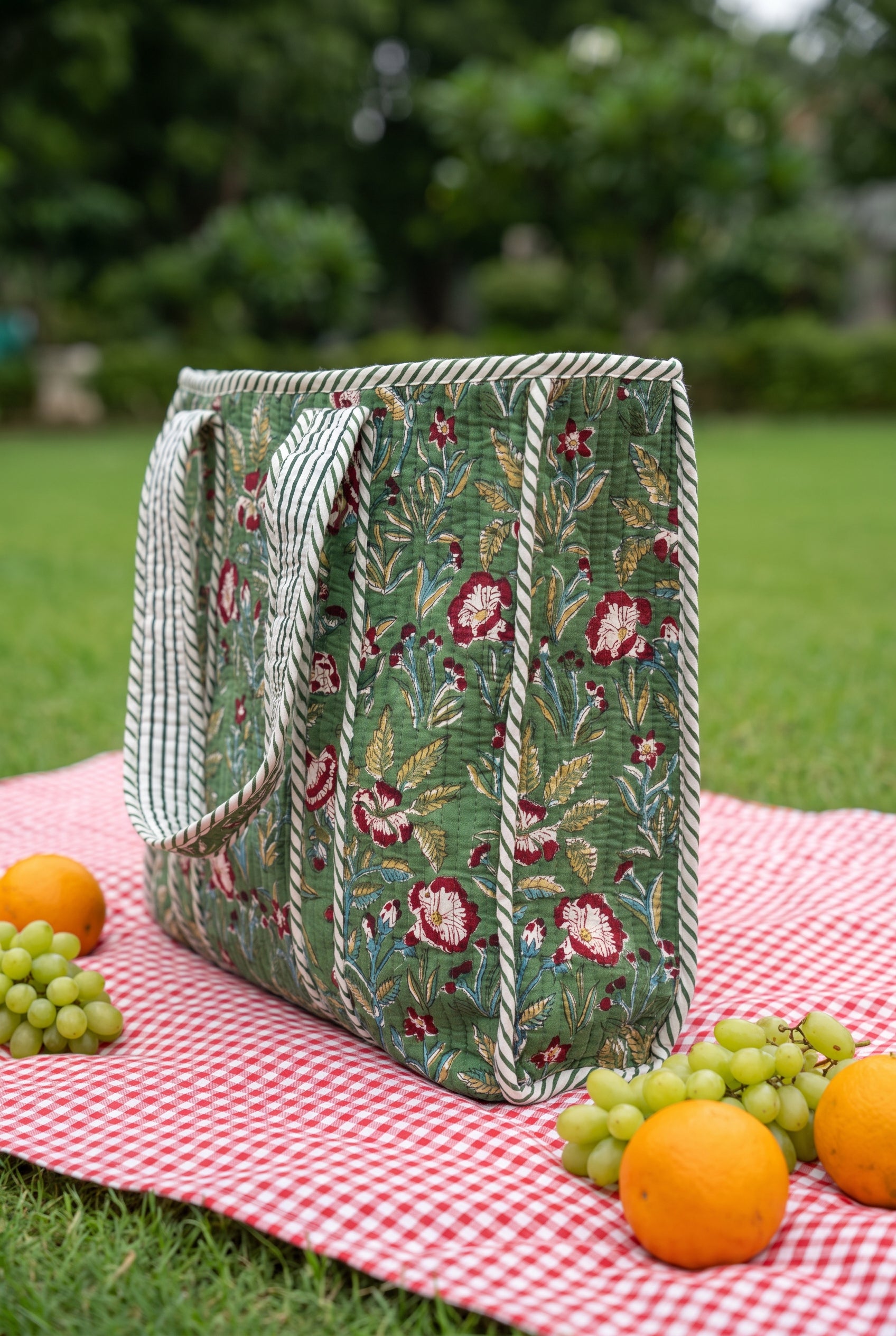Green Botanical Quilted Tote Bag