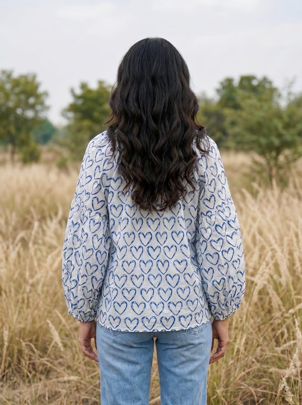 Blue Heart Print Blouse