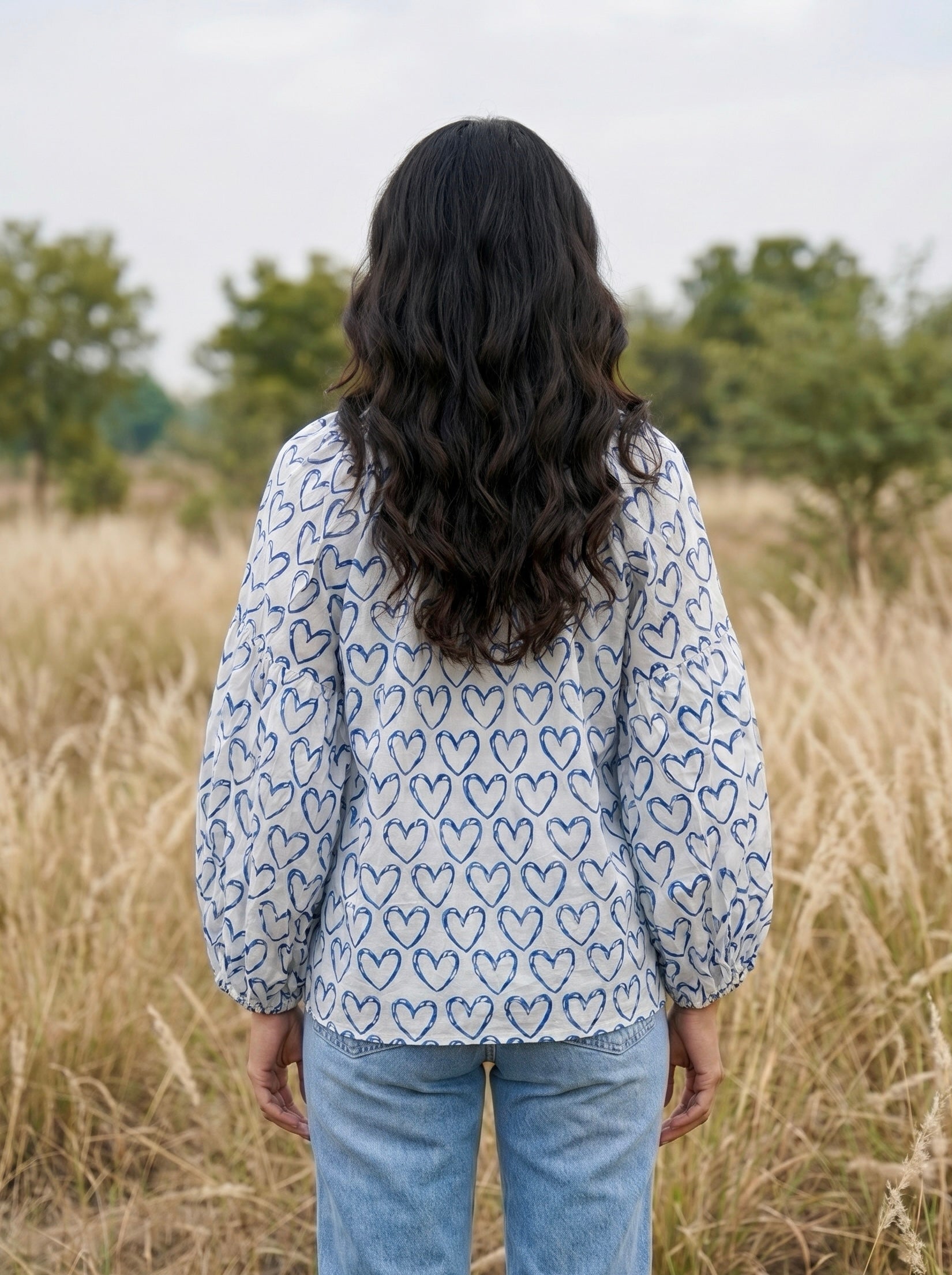 Blue Heart Print Blouse