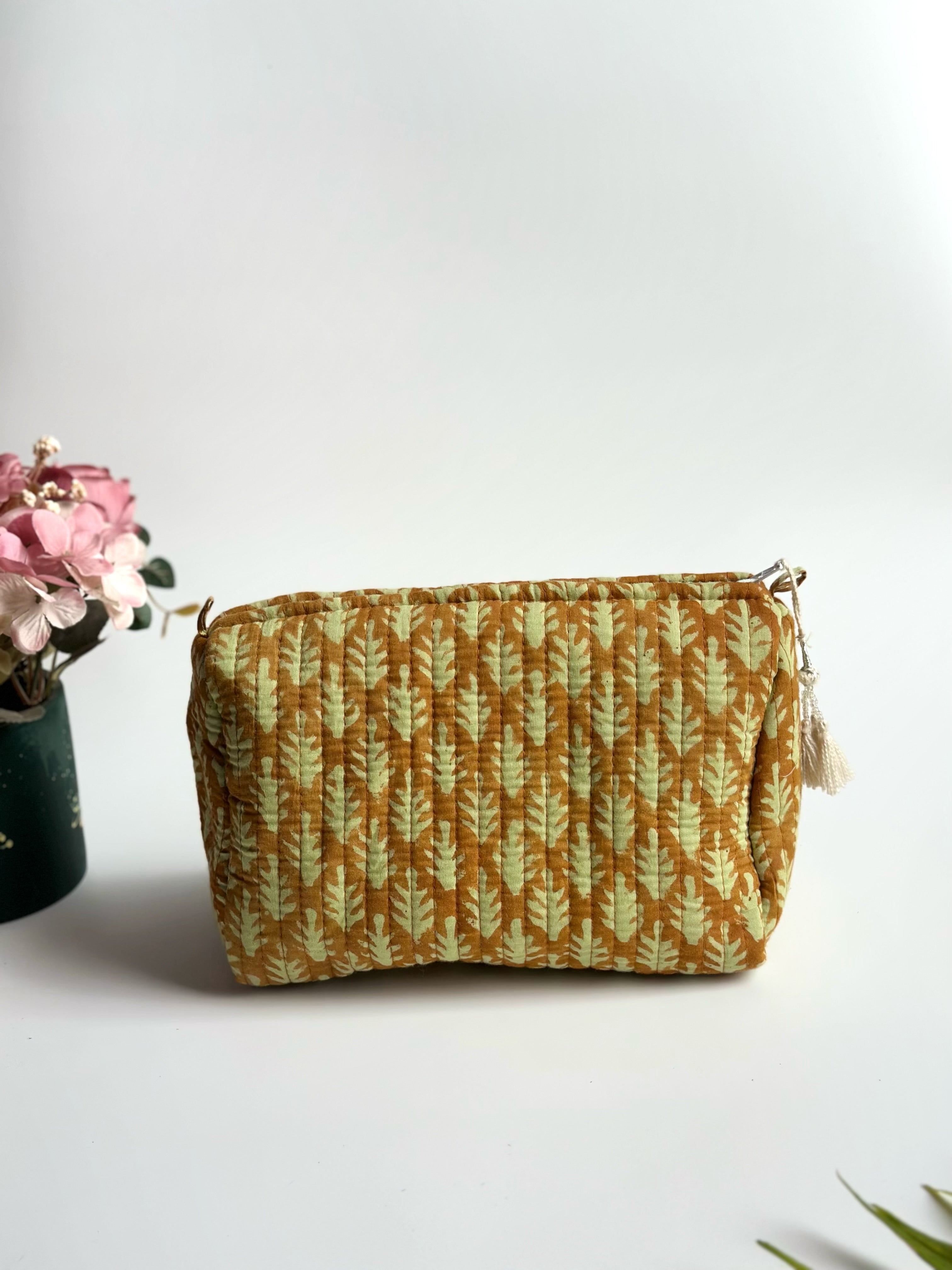 Golden Leaf Quilted Cosmetic Bag Set of 3