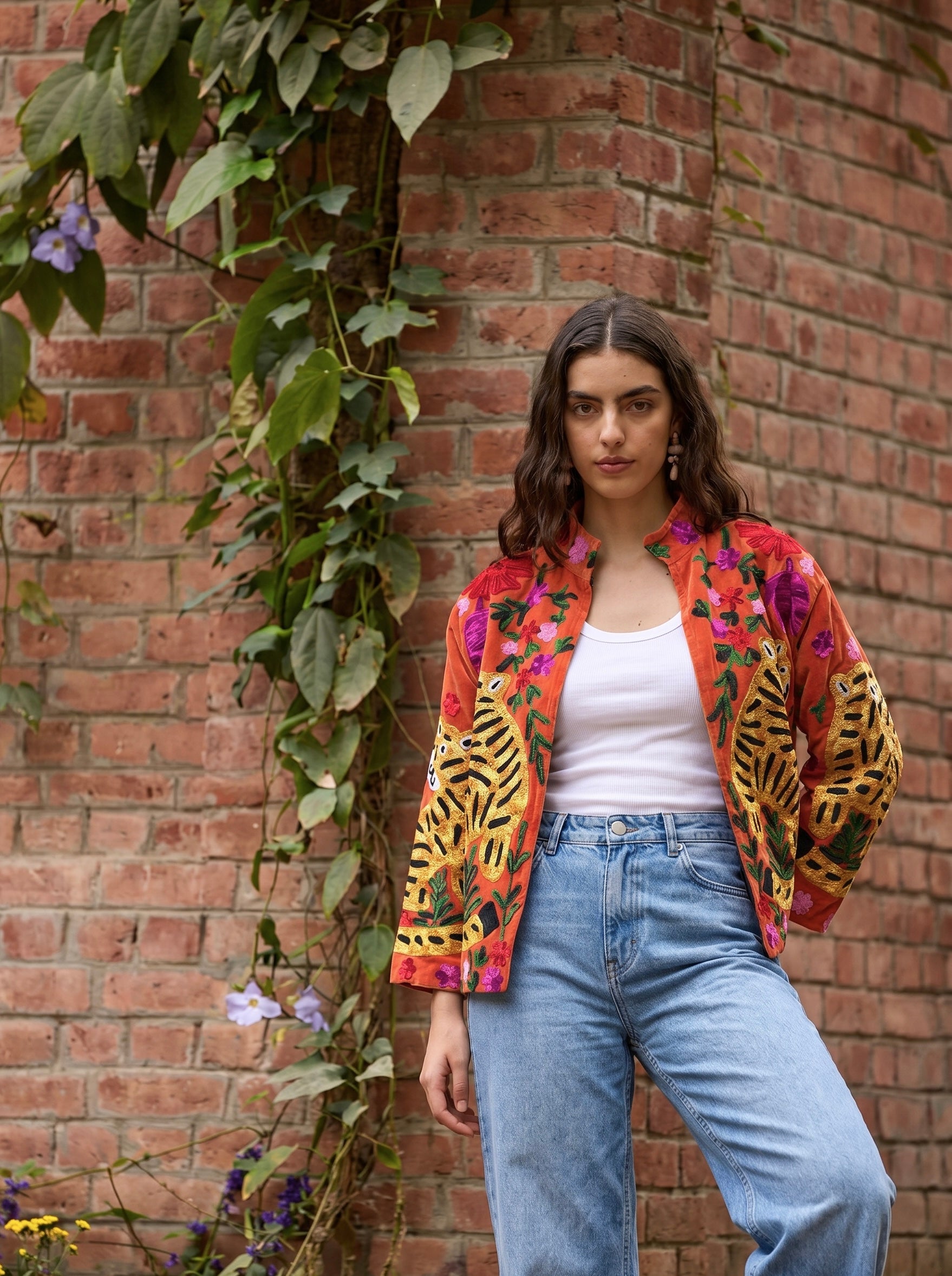 Rust Orange Tiger Garden Embroidered Jacket