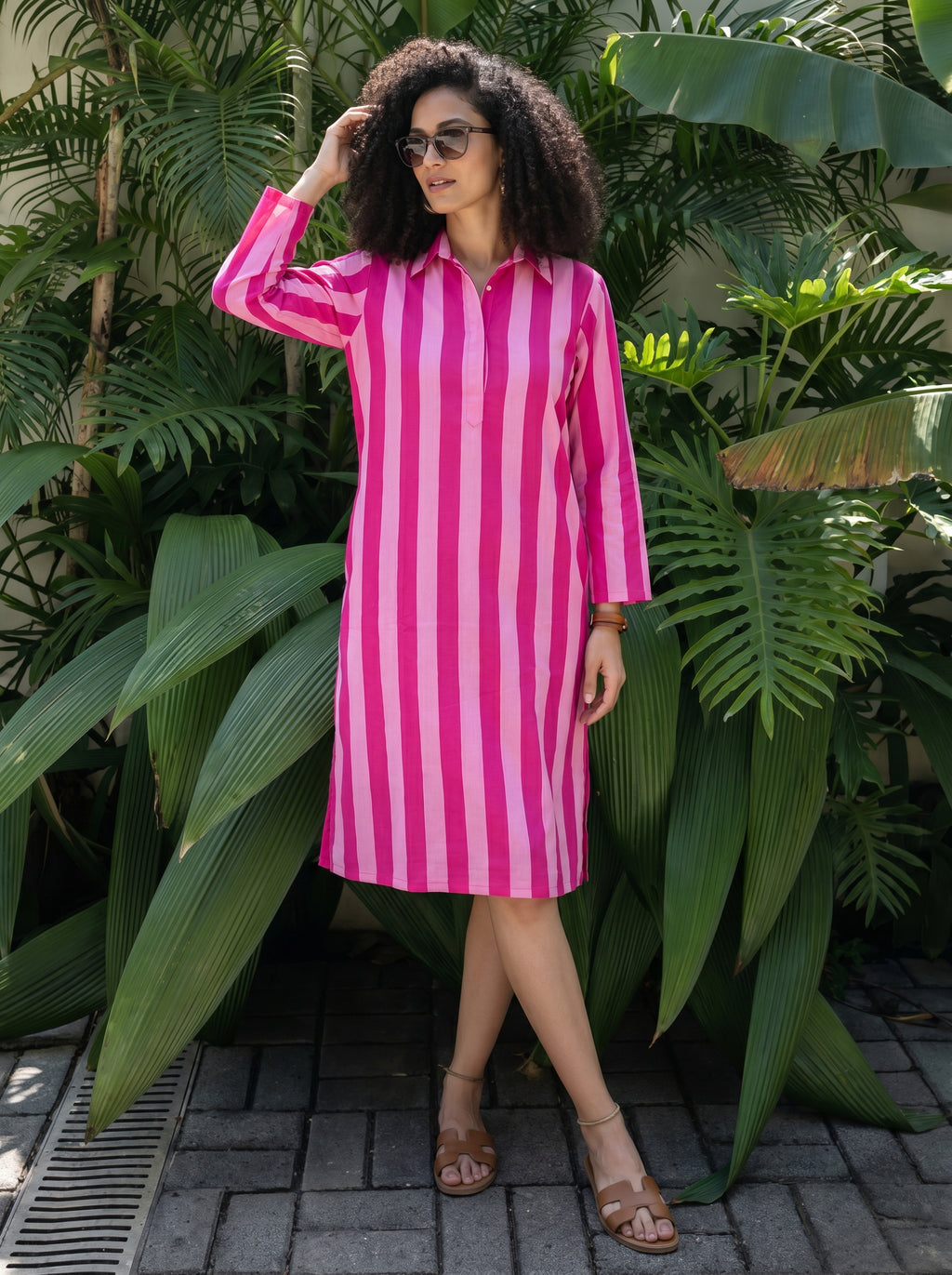 Candy Pink Striped Cotton Shirt Dress