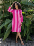 Candy Pink Striped Cotton Shirt Dress