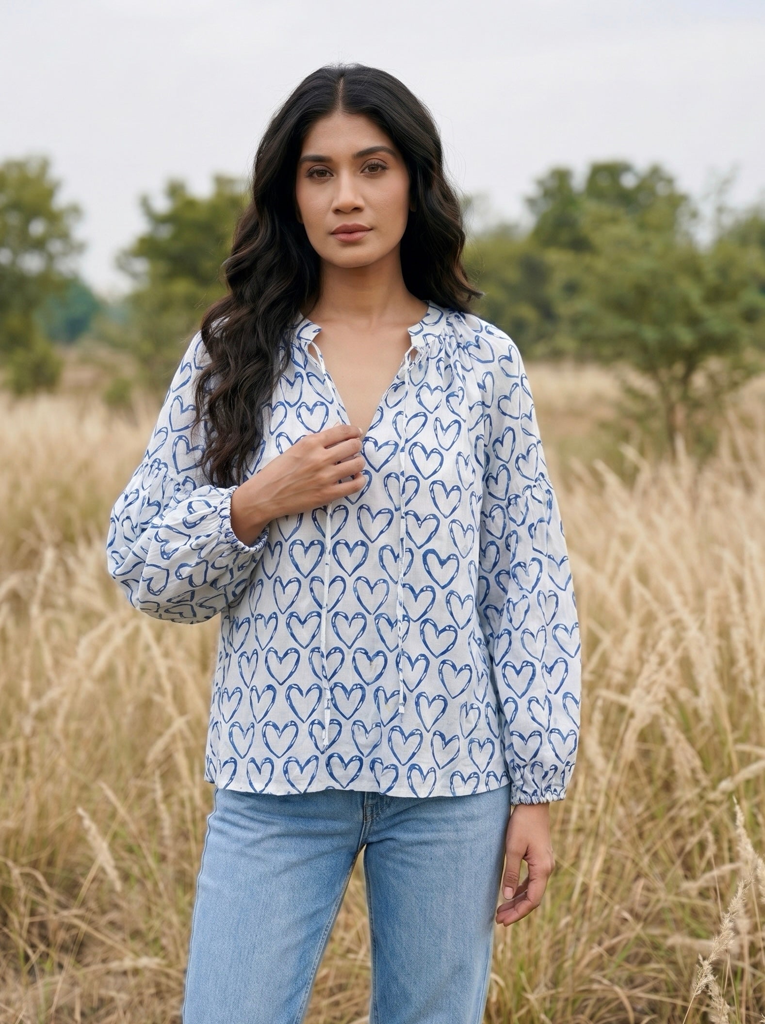 Blue Heart Print Blouse