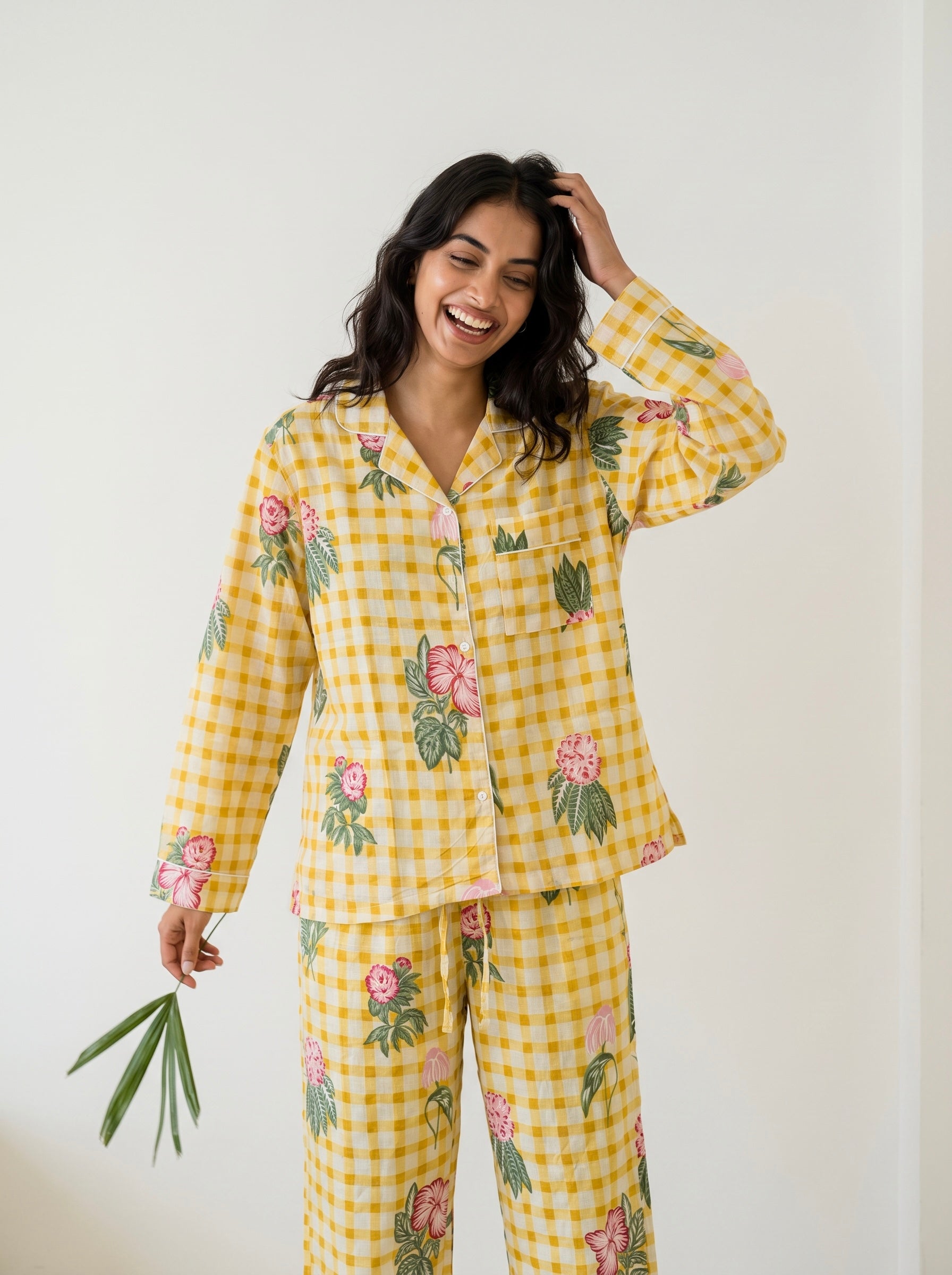 Yellow Floral Gingham Pajama Set