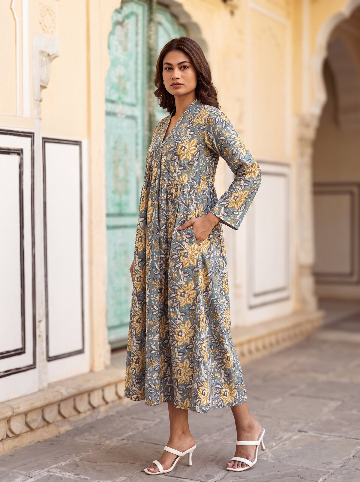 Misty Bloom Flare Midi Dress