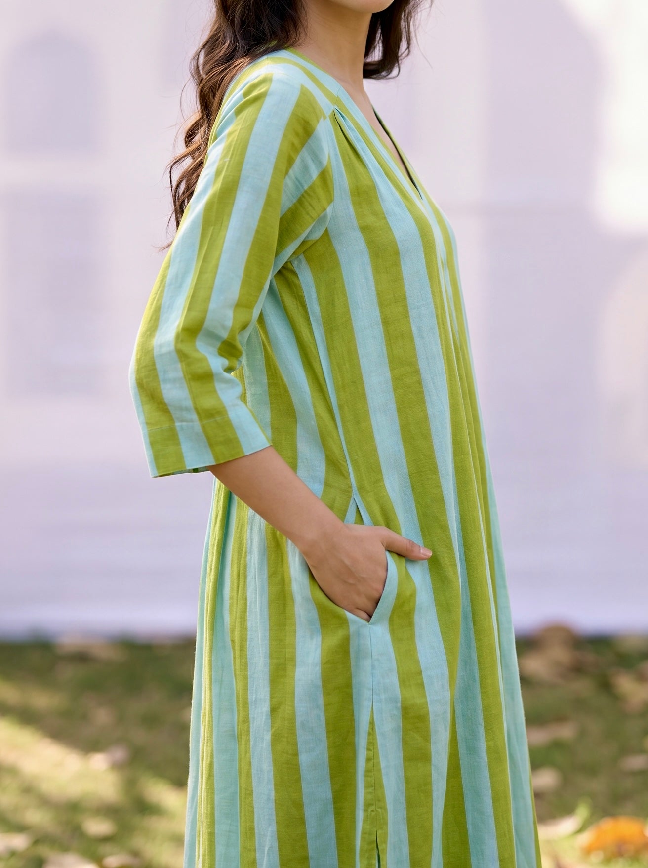 Olive Green & Sky Blue Stripe Cotton Dress