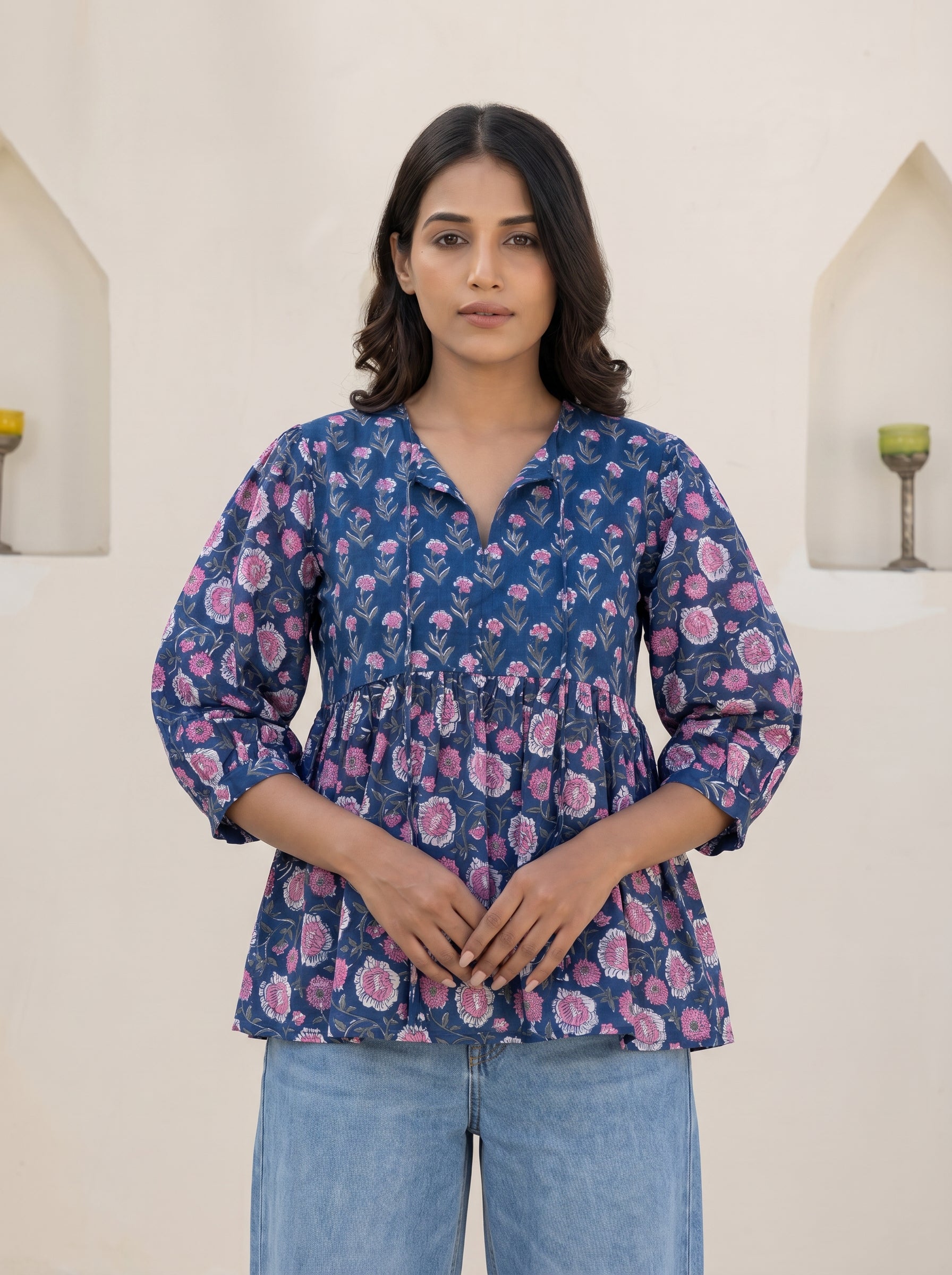 Navy Pink Floral Peplum Top