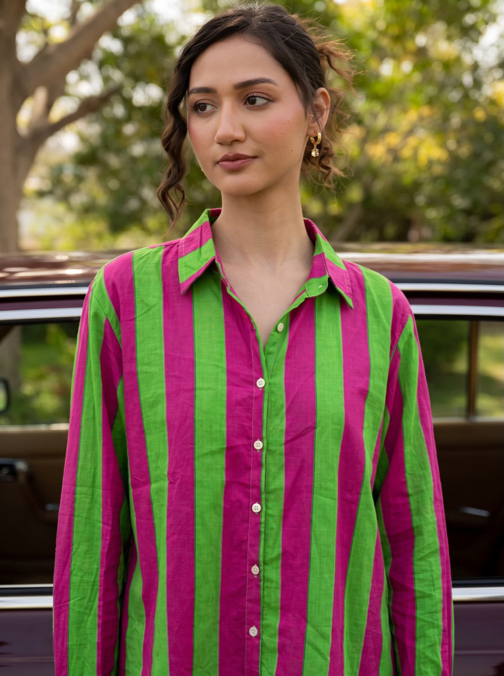 Fuchsia Lime Striped Cotton Shirt