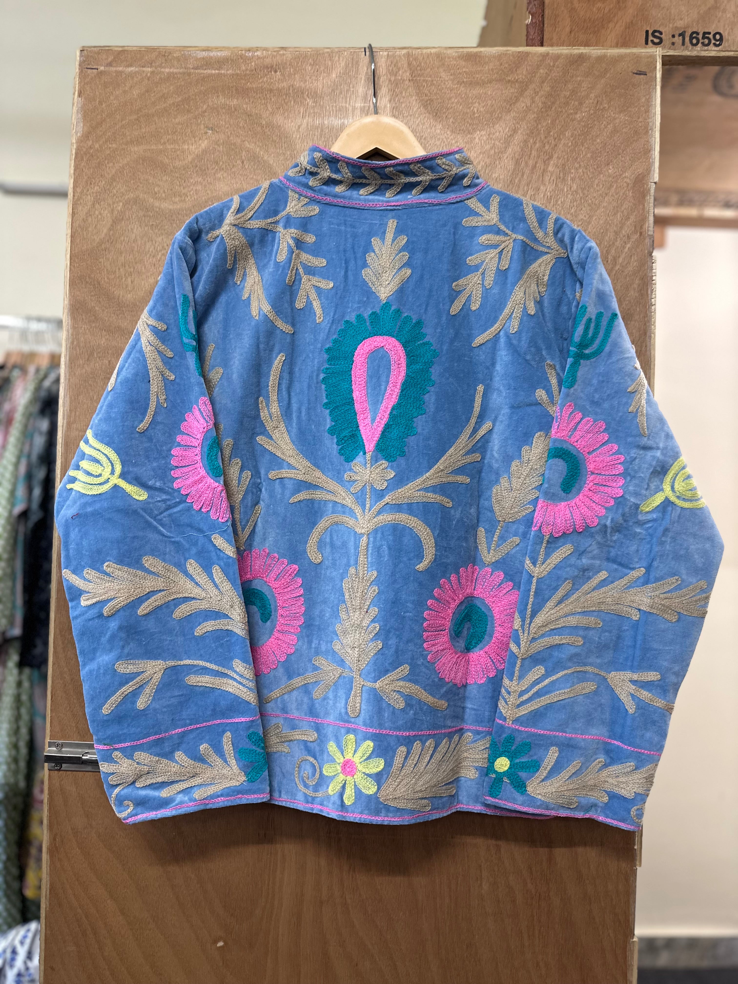 Powder Blue Embroidered Velvet Jacket