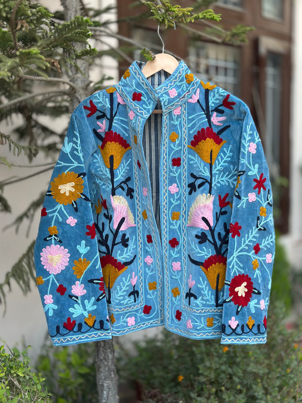 Sky Bloom Embroidered Velvet Jacket